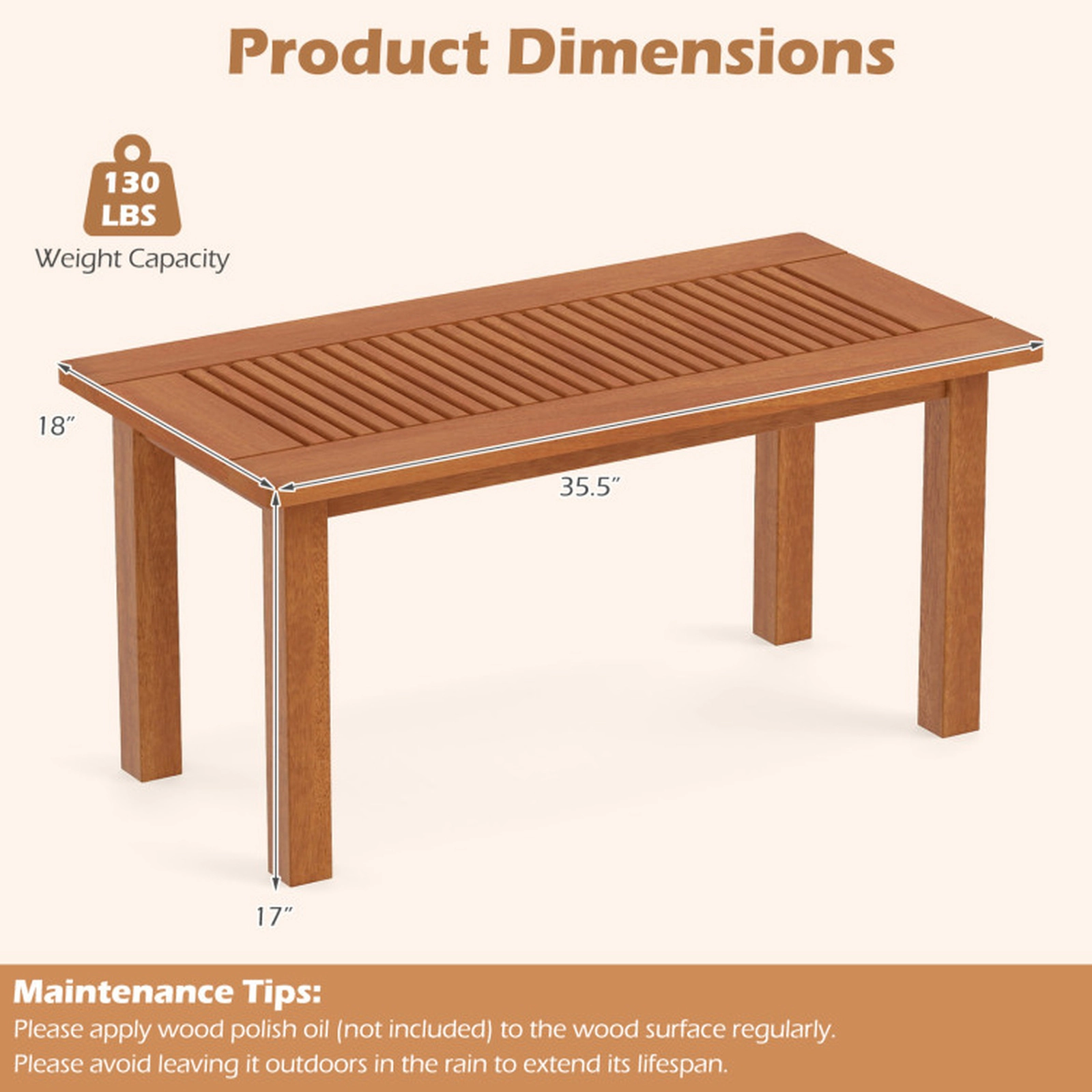 SUGIFT 35.5-in Outdoor Modern Rectangular Hardwood Coffee Table with Slatted Top 130-lb Capacity Rustic Brown 1-Piece