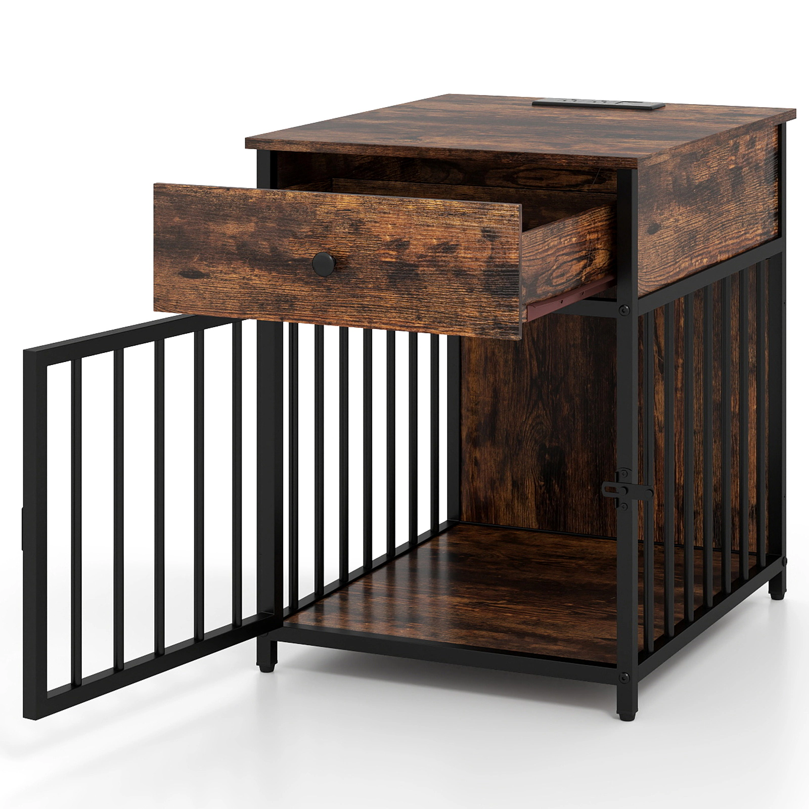 SUGIFT Dog Crate Furniture End Table with Drawer and Charging Station 25-lb Tabletop Capacity for Small Dogs Black+Brown