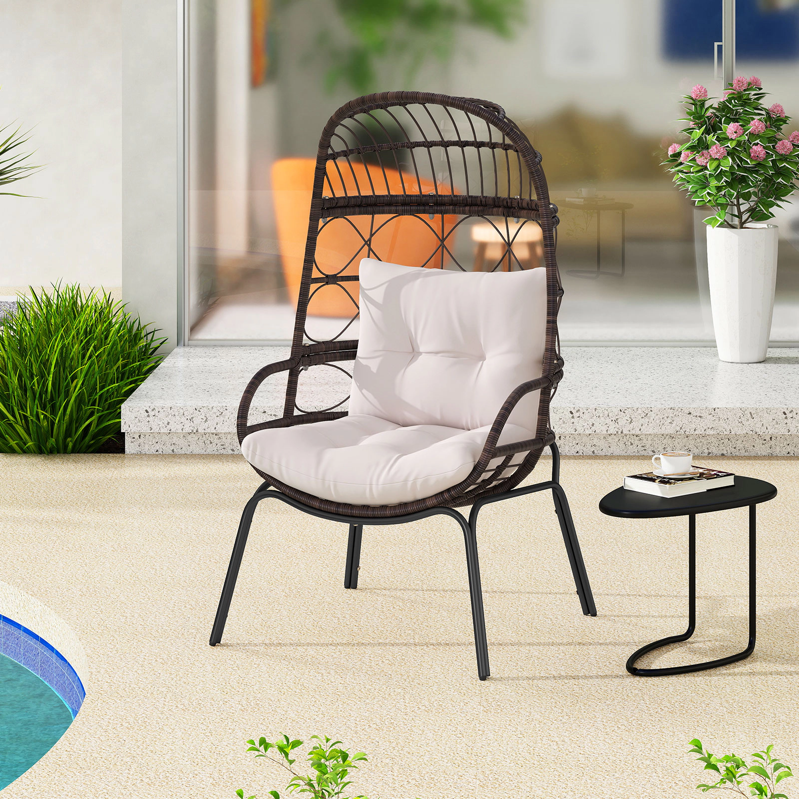 LJG Patio Wicker Egg Chair Outdoor Rattan Lounge Basket with Seat and Back Cushions