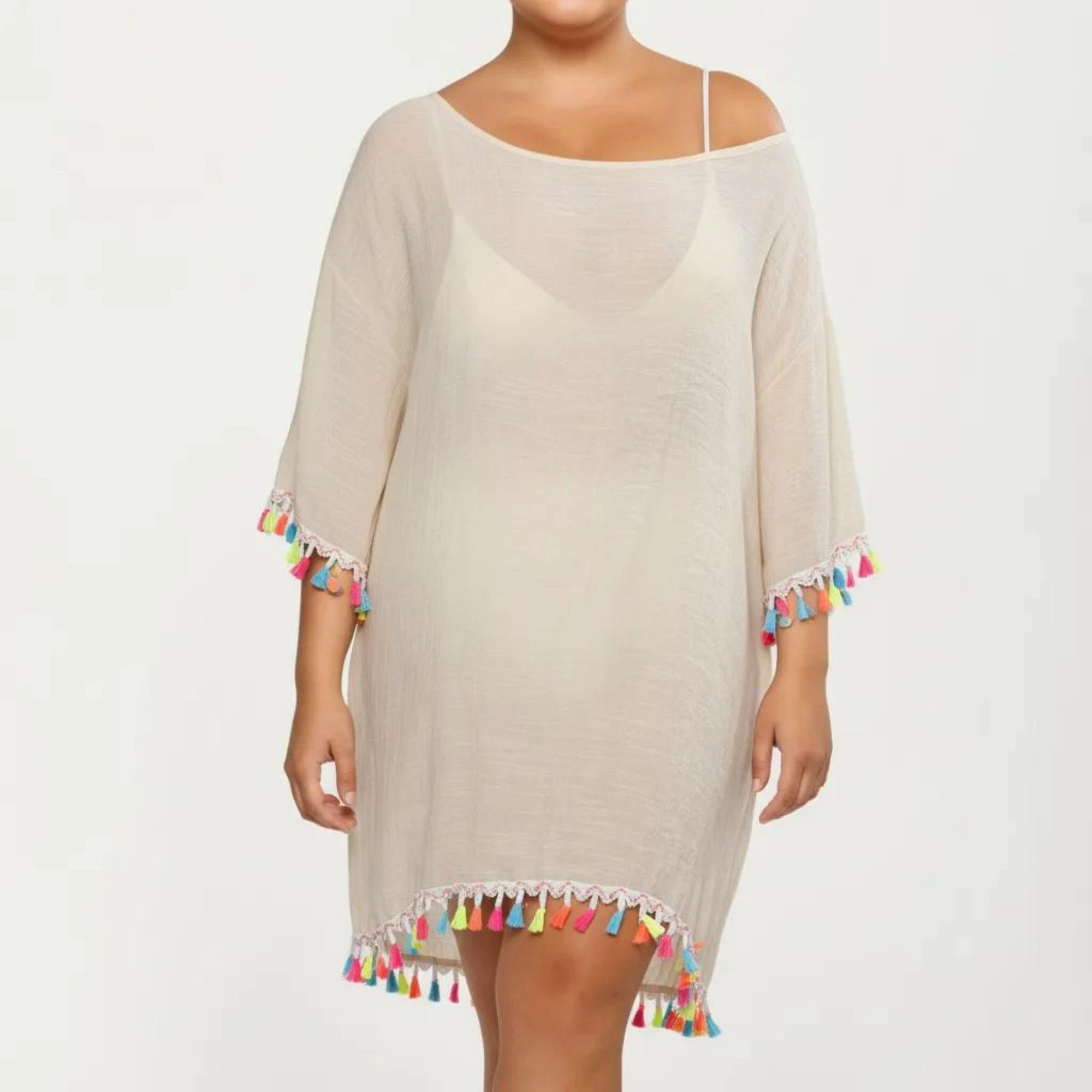 Anna-Kaci Women's Plus Sheer Tassel Trim Scoop Neck Loose Fit Swim Cover Up Dress