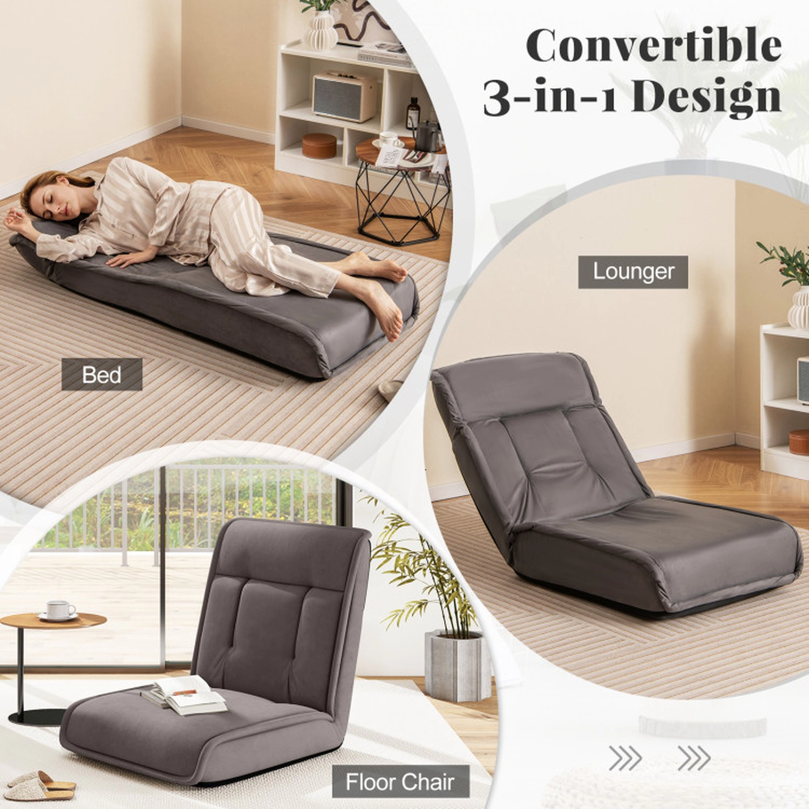 SUGIFT 14-Position Recline 5-Position Headrest Faux Suede Folding Floor Chair 56.5-in x 25-in 330-lb Capacity Gray
