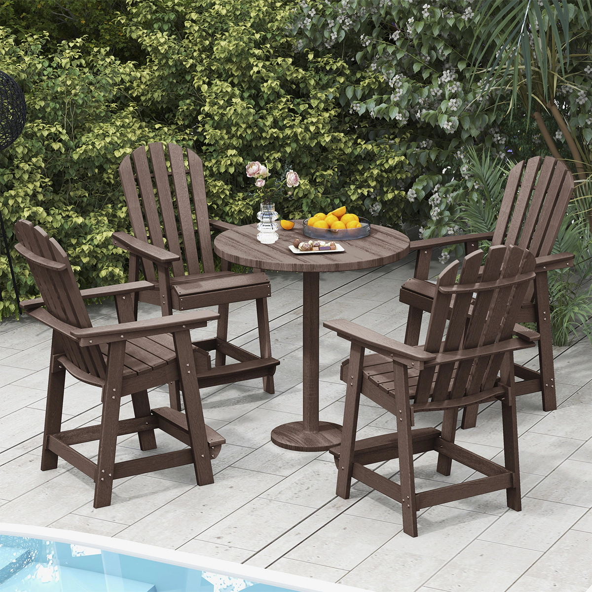 SUGIFT HDPE Faux Wood Grain Patio Adirondack Chair with Armrest and Footrest 330-Lb Capacity Brown