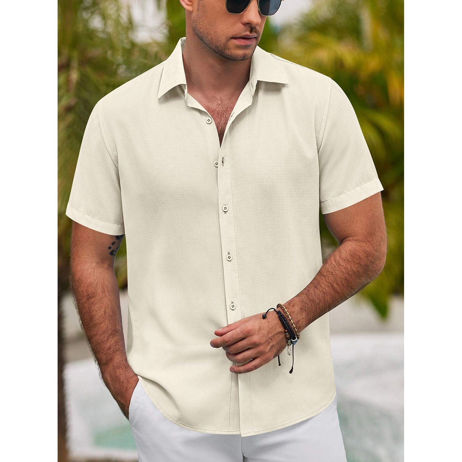COOFANDY Mens Short Sleeve Button Down Shirts  Lapel Collar Solid Casual Tops