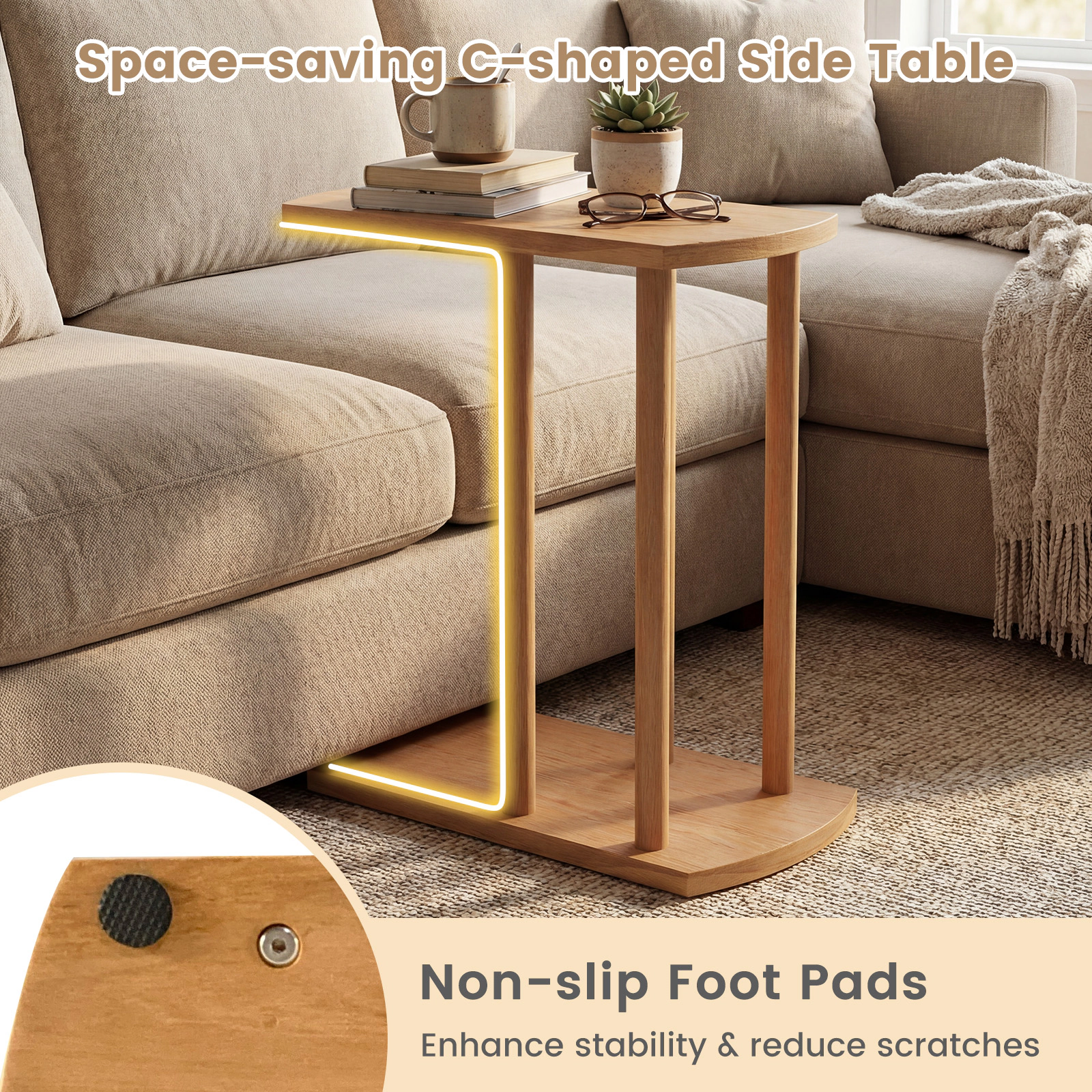 Glintex Narrow 2-Tier C-Shaped Teak Wood Side Table with Thickened Top, Natural