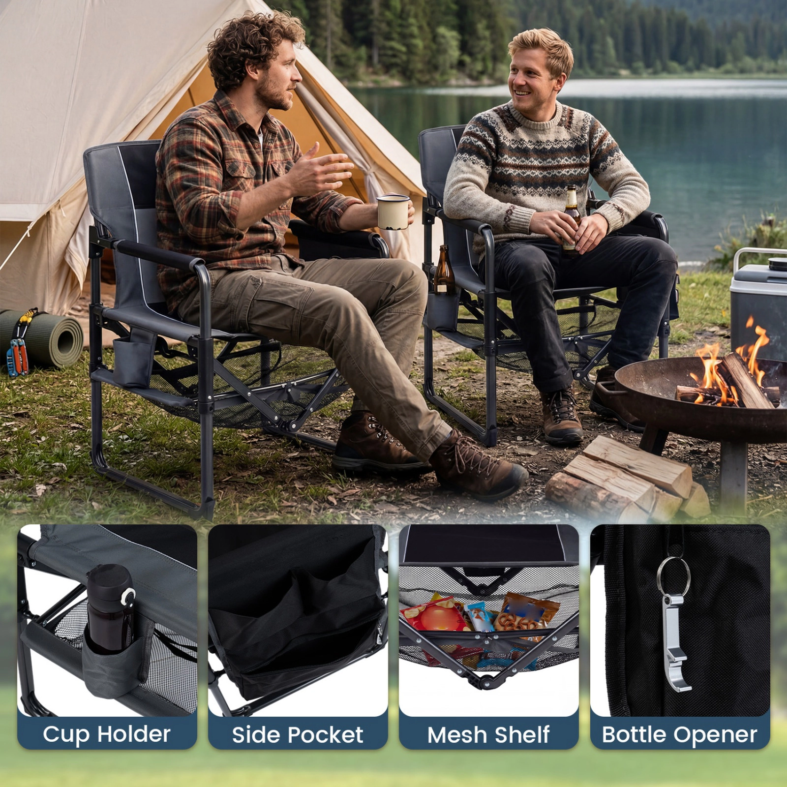 SUGIFT Set of 2 Black Camping Chairs with Cup Holder and Bottle Opener 27-in W 21.5-in D 330-lb Seat Capacity