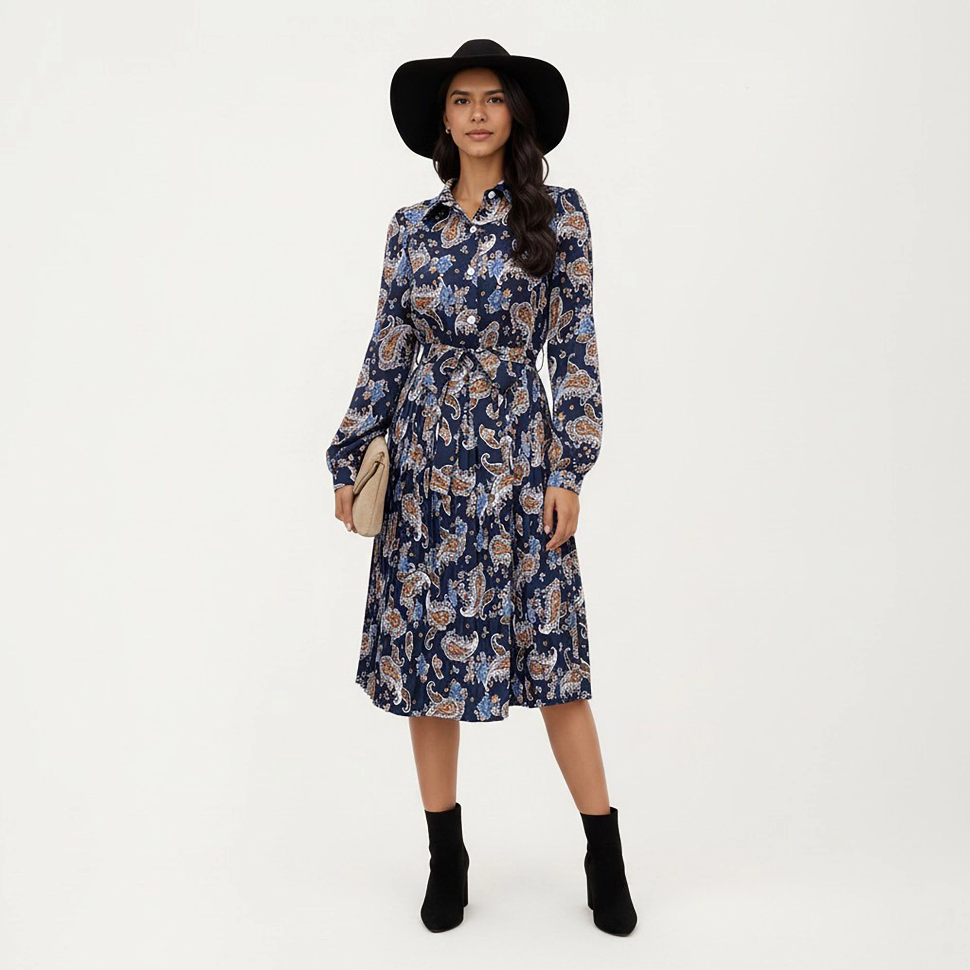 Anna-Kaci Women's Paisley Print Pleated Tie Waist Long Sleeve Shirt Dress