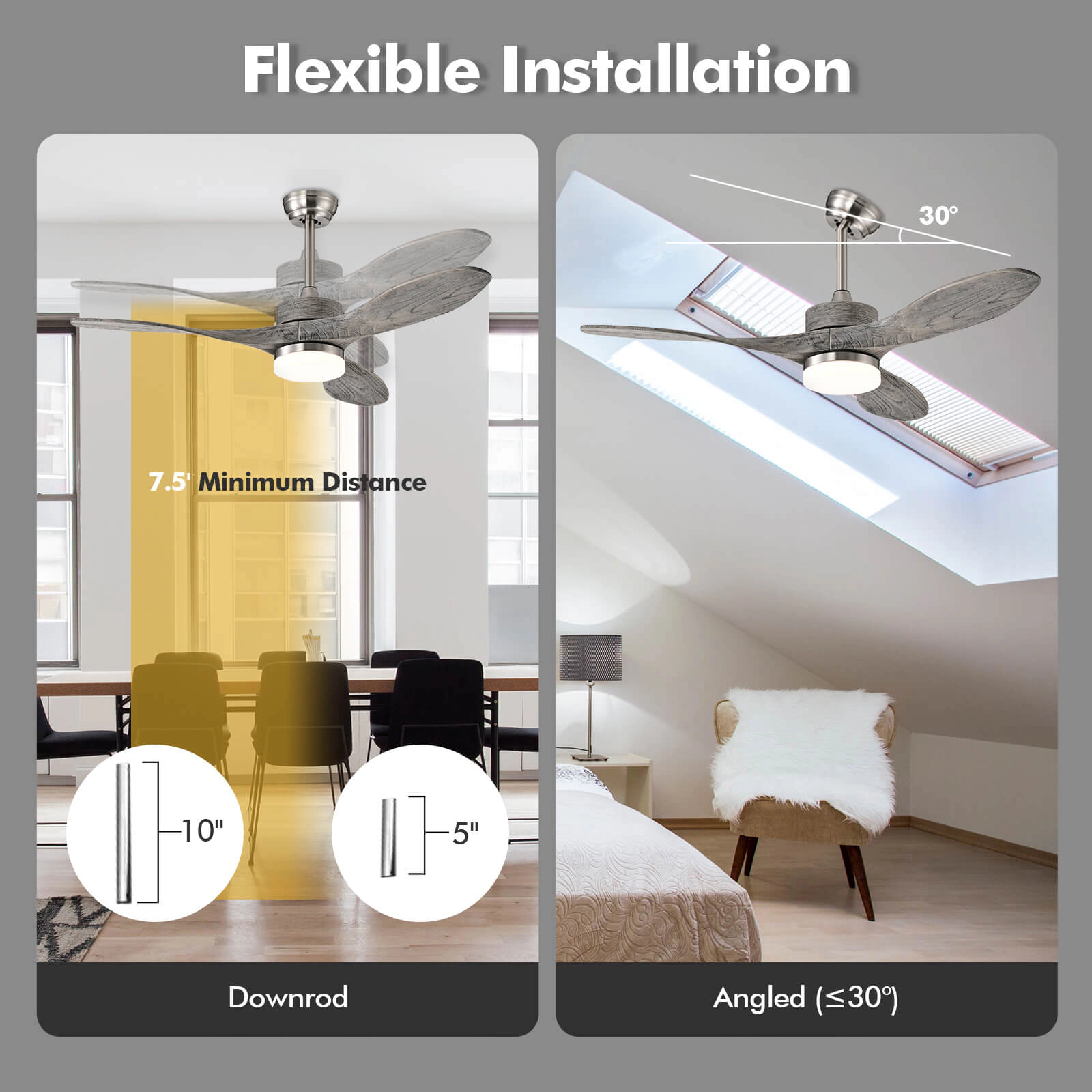 SUGIFT 48-in Wood Ceiling Fan with 18W LED Light 6-Speed DC Motor Remote 3 Paulownia Blades for 215-291 sq.ft Nickel