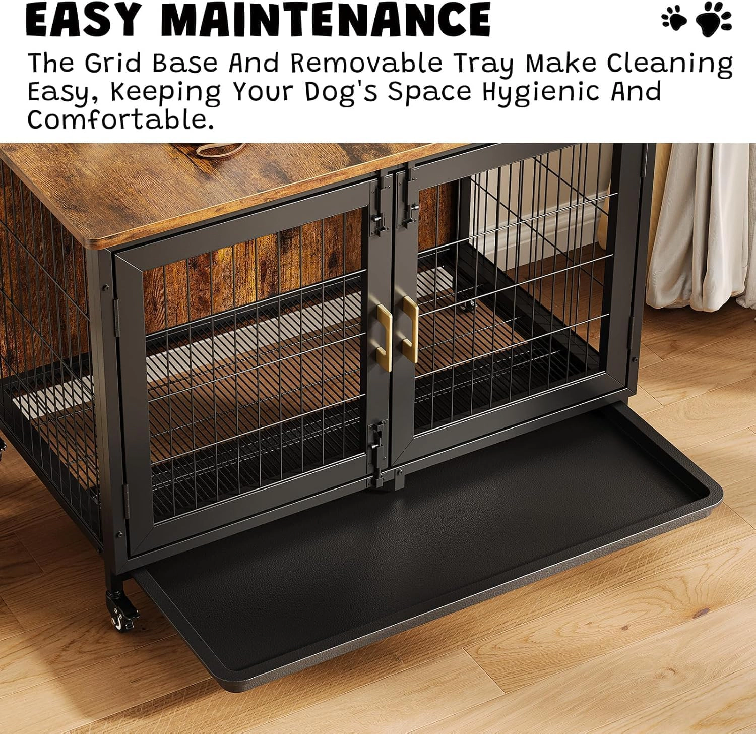 37.5 Inch Ironwood Dog Crate, Indoor Pet Kennel with Lockable Wheels & Removable Tray