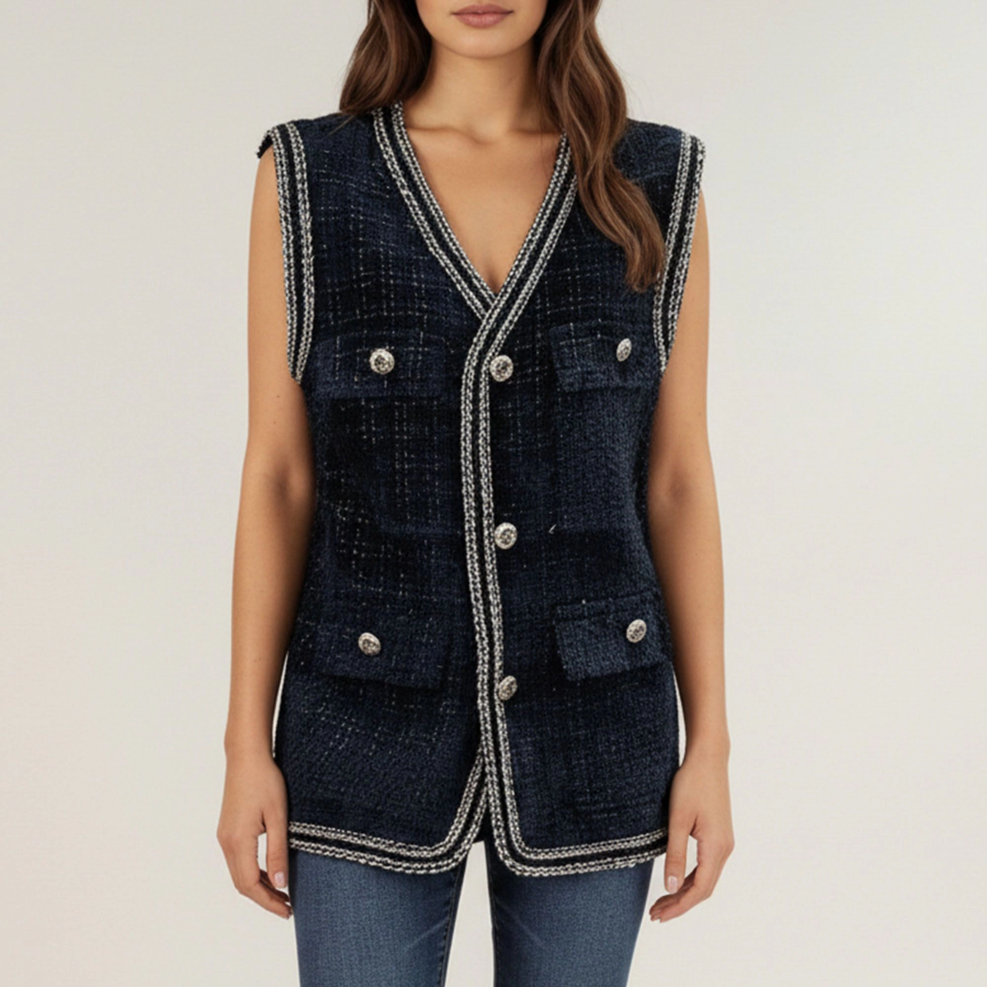 Anna-Kaci Women's Textured Button Front Vest with Decorative Trim and Patch Pockets