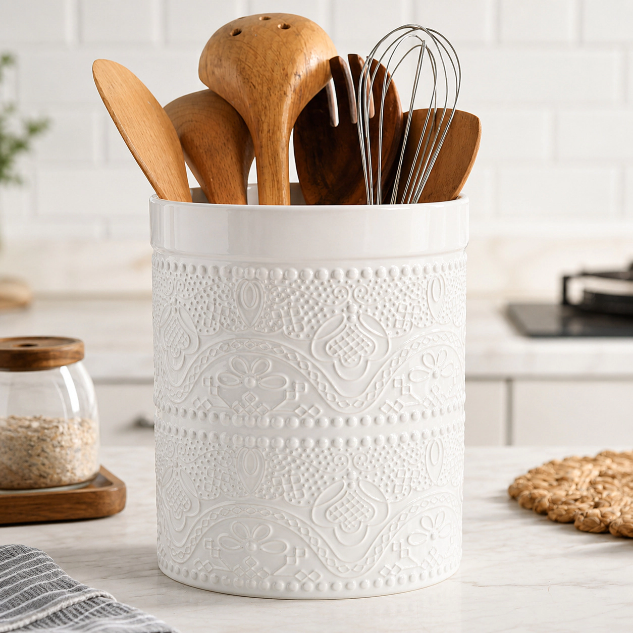 WZK Large Ceramic Lace Emboss Heavy Stable Kitchen Utensil Holder