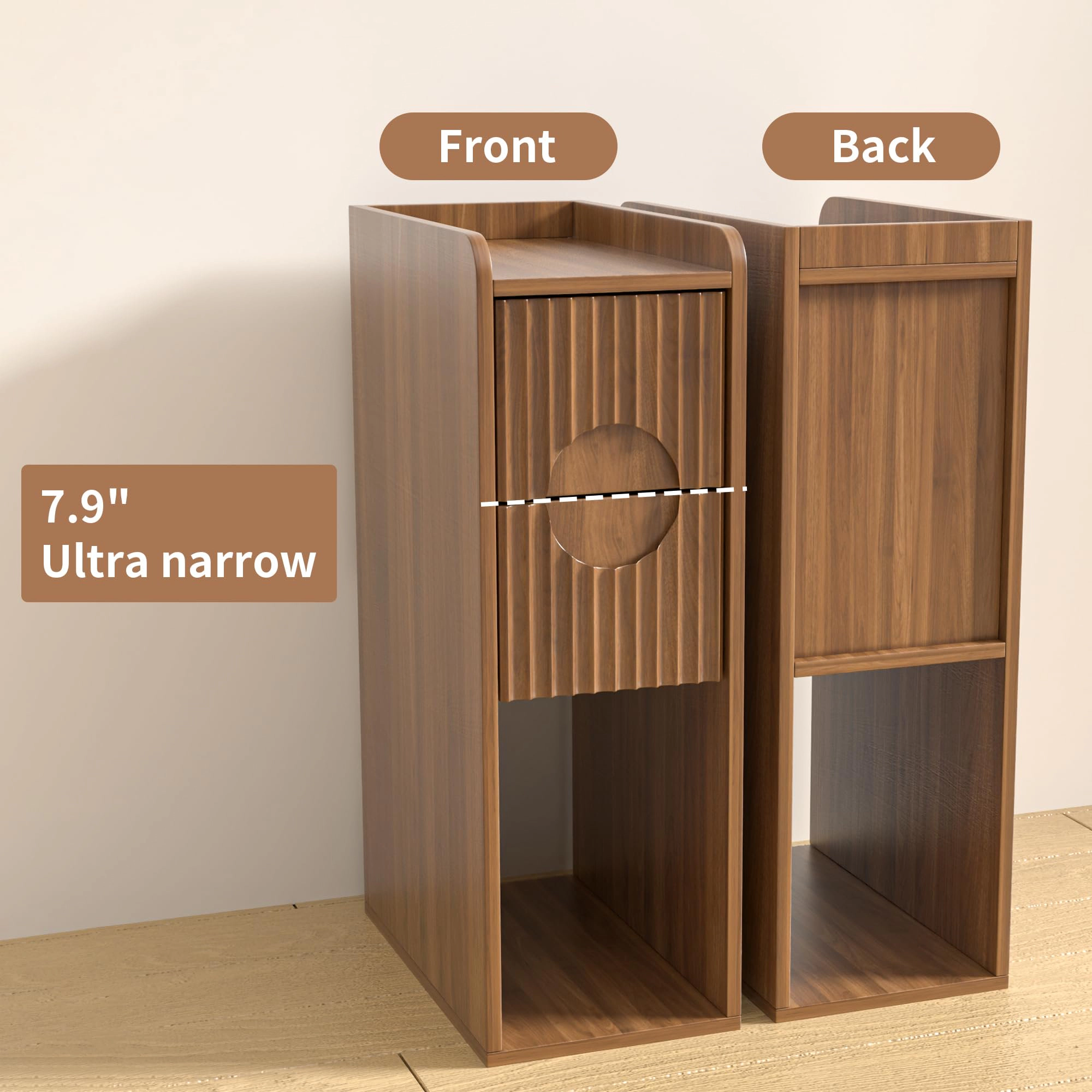 BebreezChic Narrow Nightstand with Charging Station, Slim Bedside Table with Drawer and Open Shelf, Fluted End Table