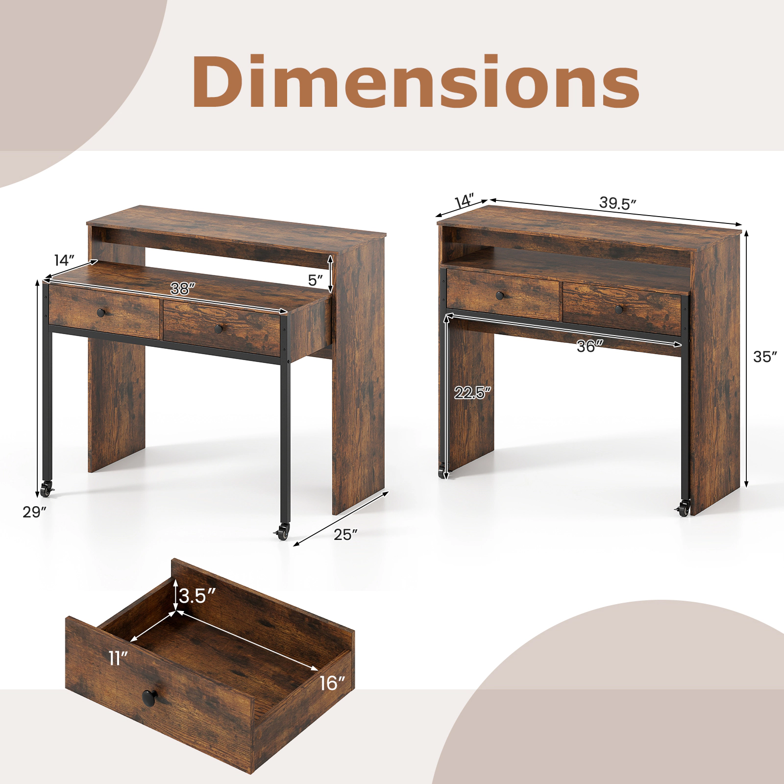 SUGIFT Extendable Computer Desk with Monitor Shelf and 2 Storage Drawers 176-lb Capacity Rustic Brown & Black