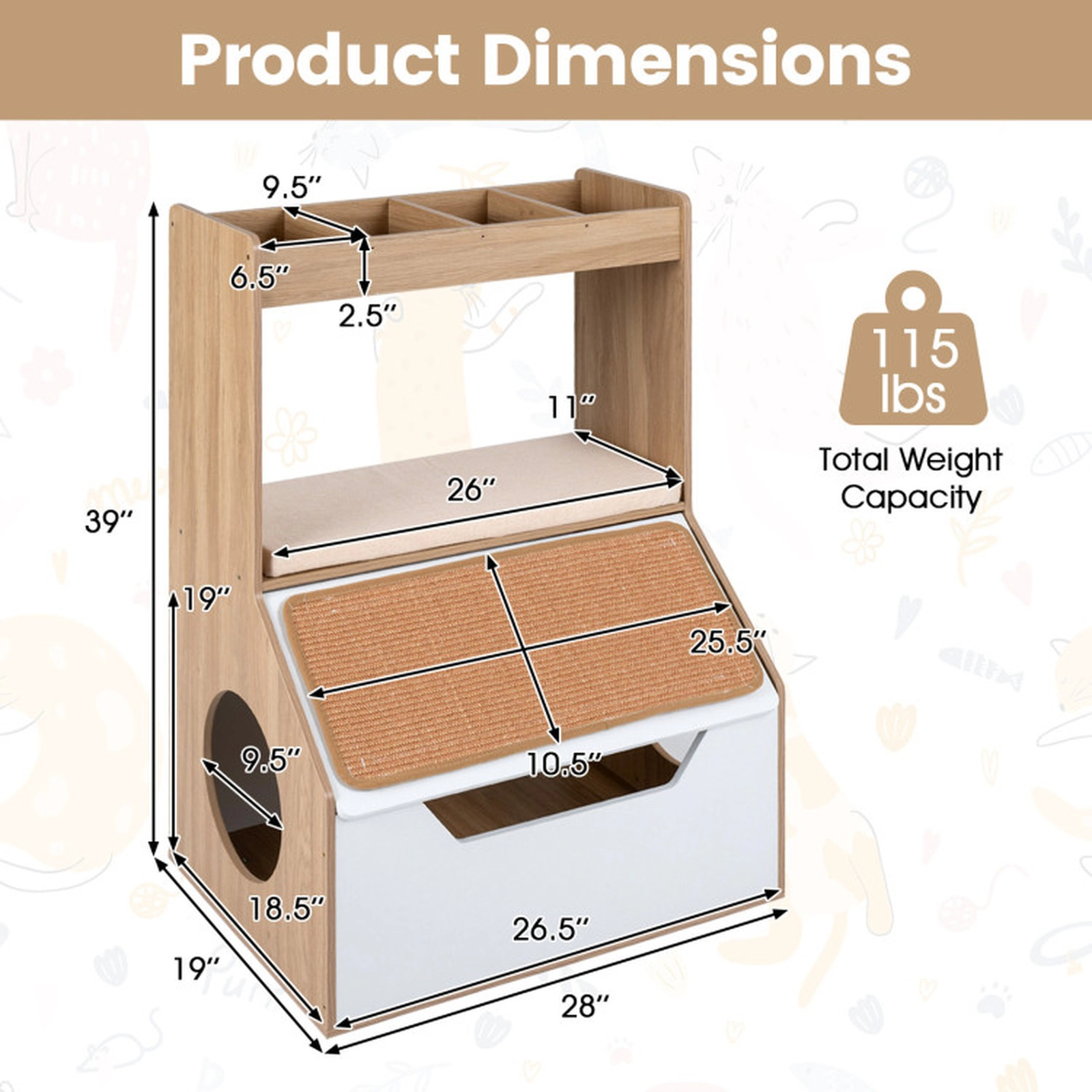 SUGIFT 28 x 39-in 115-lb Capacity Natural 3-in-1 Hidden Cat Litter Box Enclosure House Cabinet with 4 Cubbies