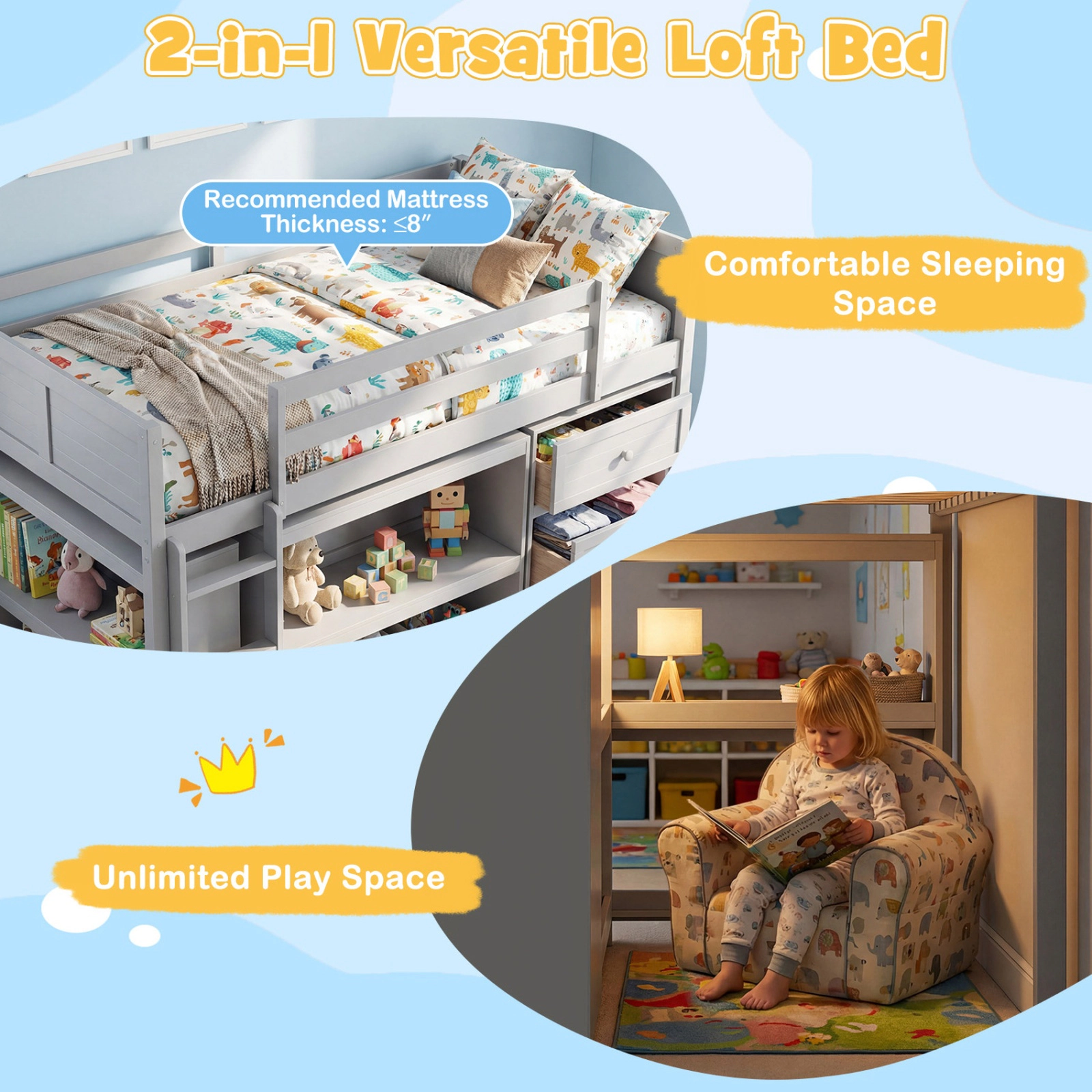 SUGIFT Gray LED Lights Drawers and Under-Bed Shelves Twin Size Kids Loft Bed