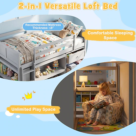 SUGIFT Gray LED Lights Drawers and Under-Bed Shelves Twin Size Kids Loft Bed