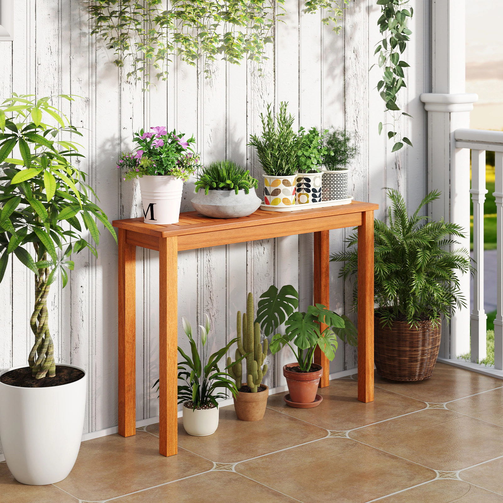 SUGIFT Slatted Top Wooden Plant Stand Bench 330-lb Capacity Brown Indoor Outdoor Flower Pot Holder Display Shelf