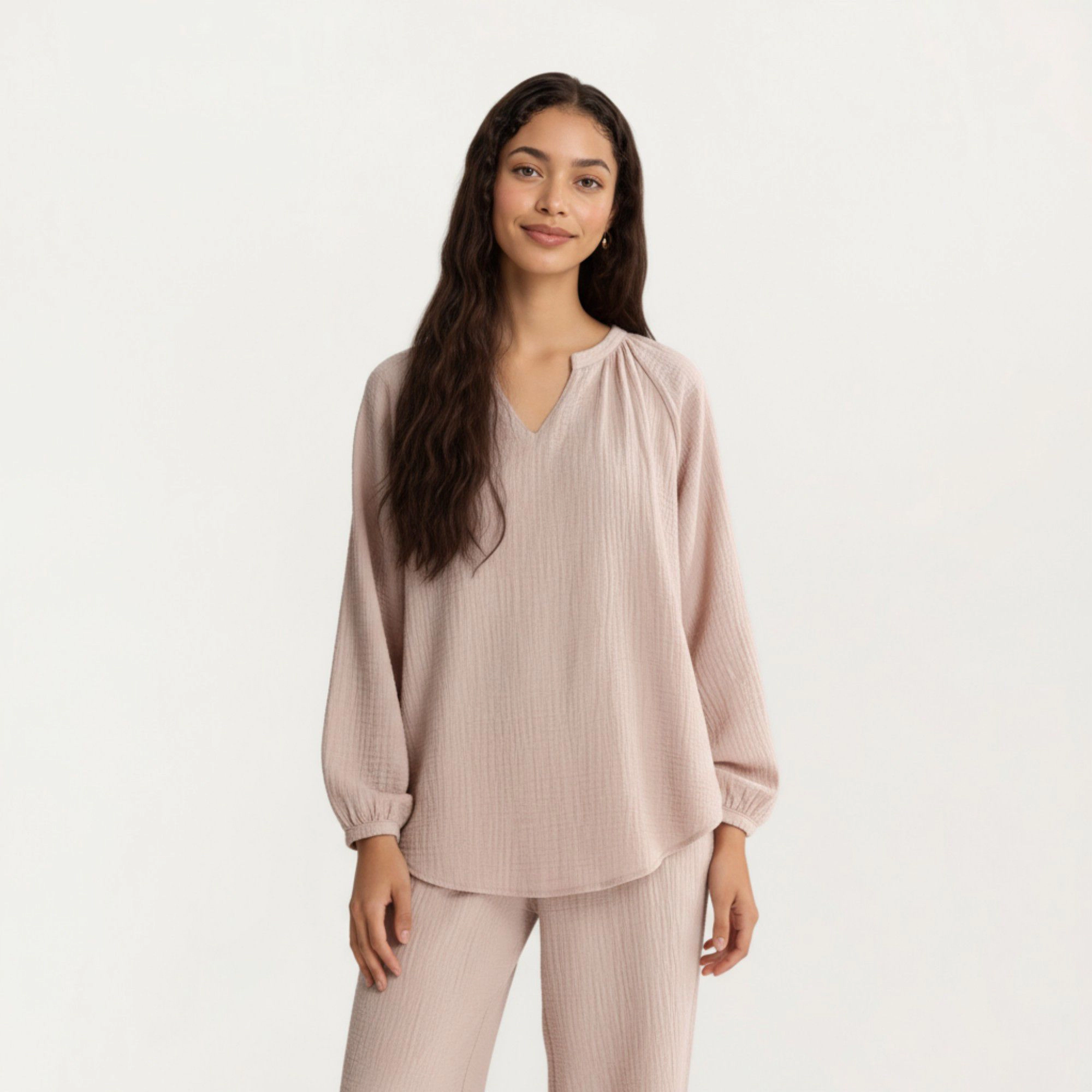 Anna-Kaci Women's 2-Piece Textured Long Sleeve V-Neck Top and Wide Leg Pants