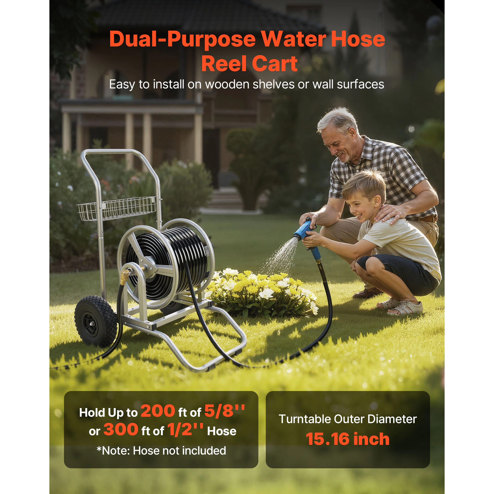 HONGGE Heavy-Duty Garden Hose Reel Cart with Two Wheels, Handle & Mesh Storage Basket, Portable for Garden Car