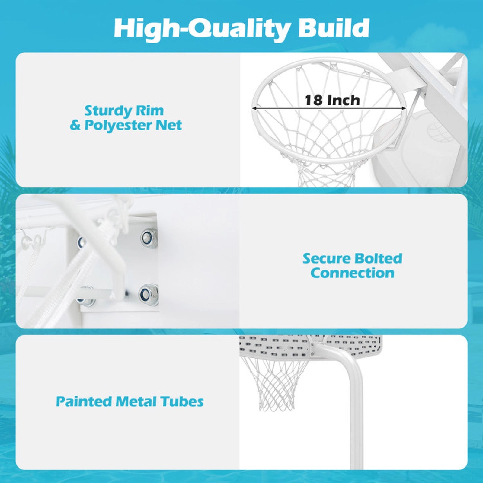 SUGIFT Shatterproof Backboard Pool Basketball Hoop Set with 2 Spheres and Pump Metal and PE Frame White