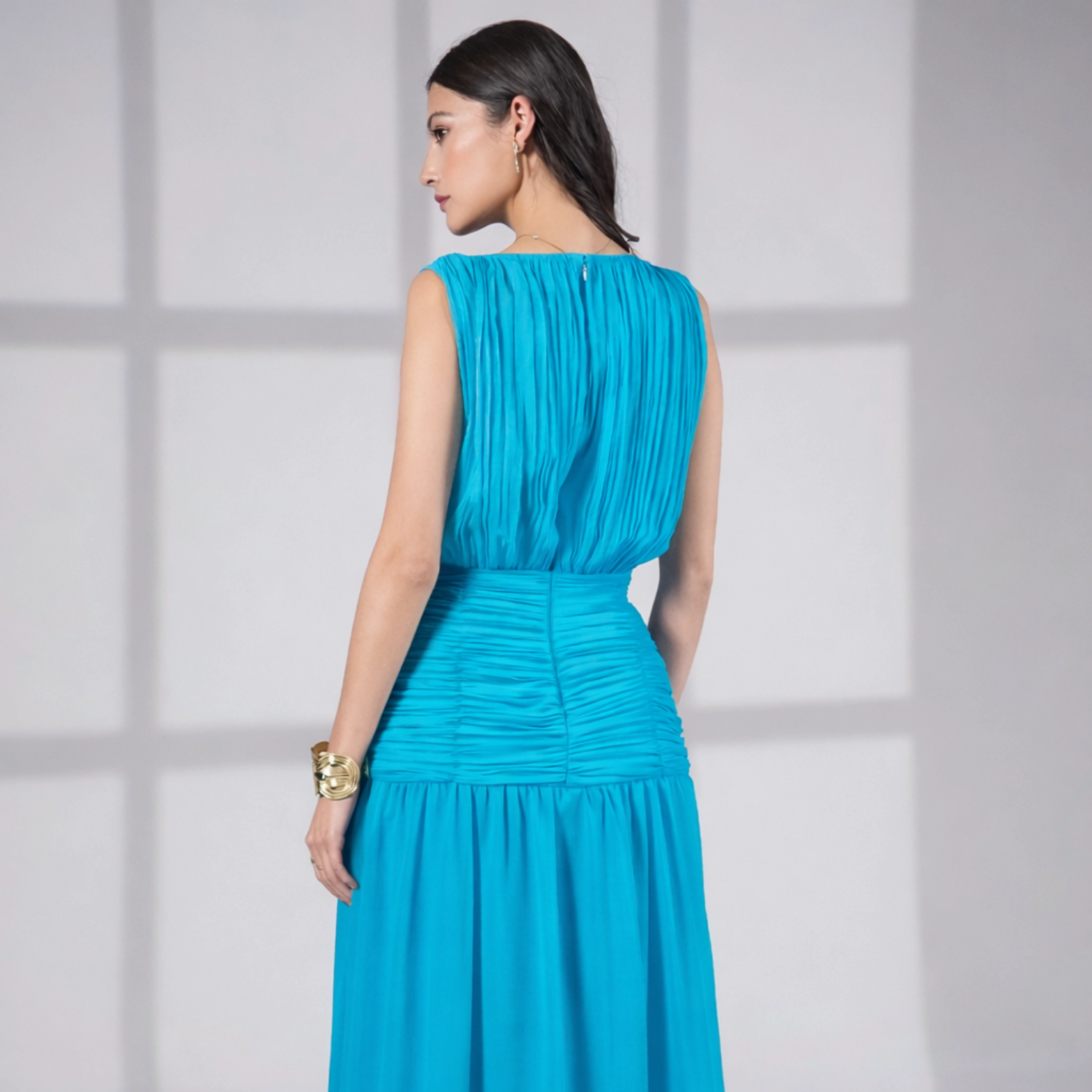Rose & Nancy Women's Amy Turquoise Blue Drape Tie Waist Maxi Dress