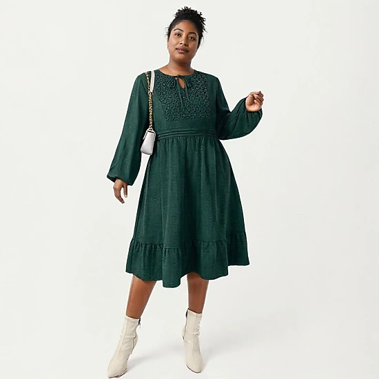 Anna-Kaci Women's Plus Size Long Sleeve Embroidered Elastic Waist Tiered Hem Midi Dress