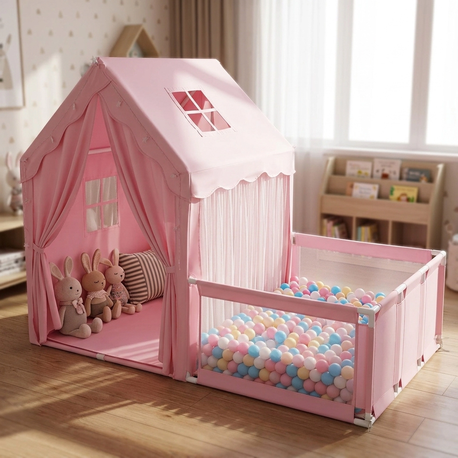 Kids Play Tent with Playpen 2-in-1 Indoor Playhouse with Attached Play Yard Star Light String Washable Mat 2 Doors Pink