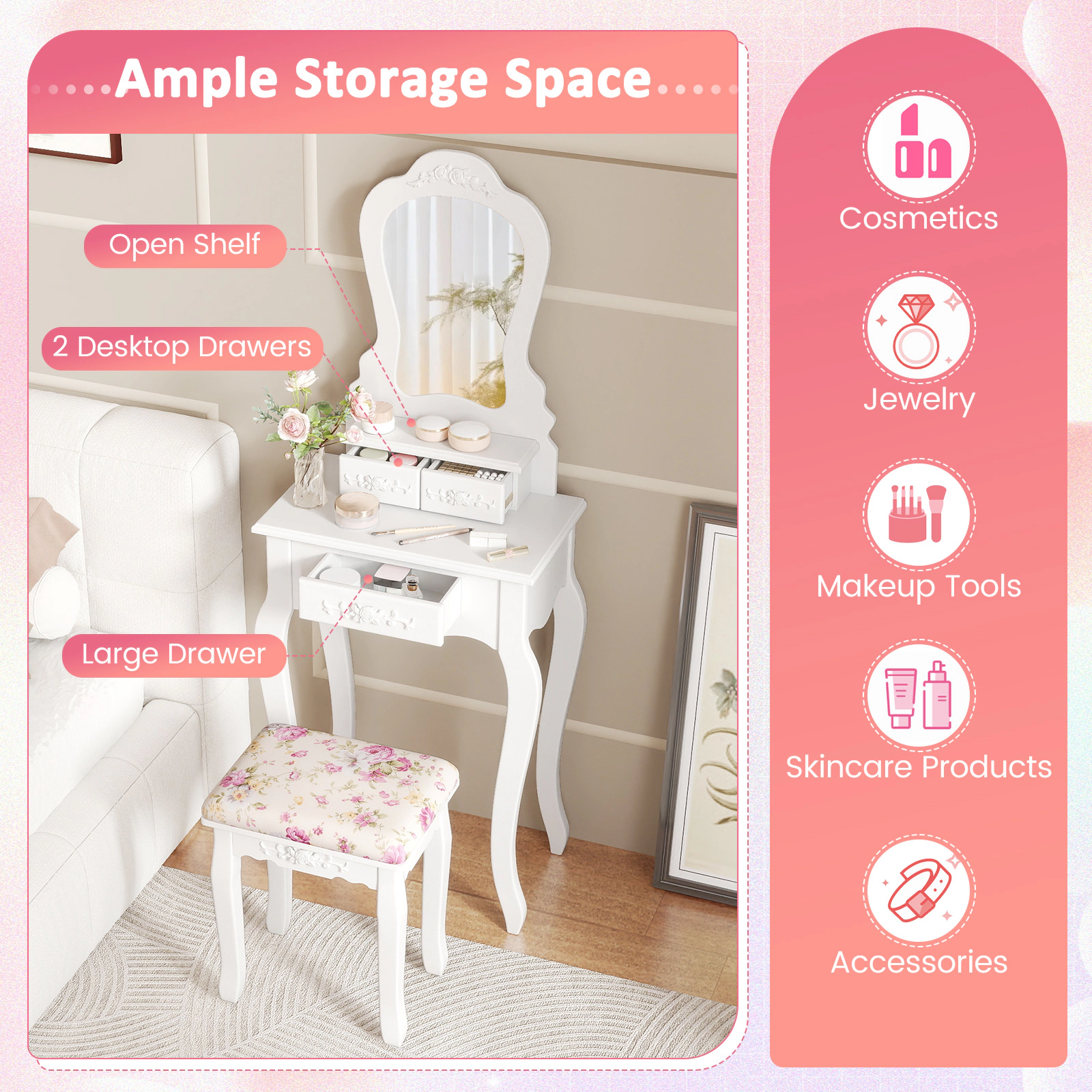 SUGIFT Narrow Makeup Vanity Table with Fan-Shaped Mirror, 3 Drawers and Cushioned Stool