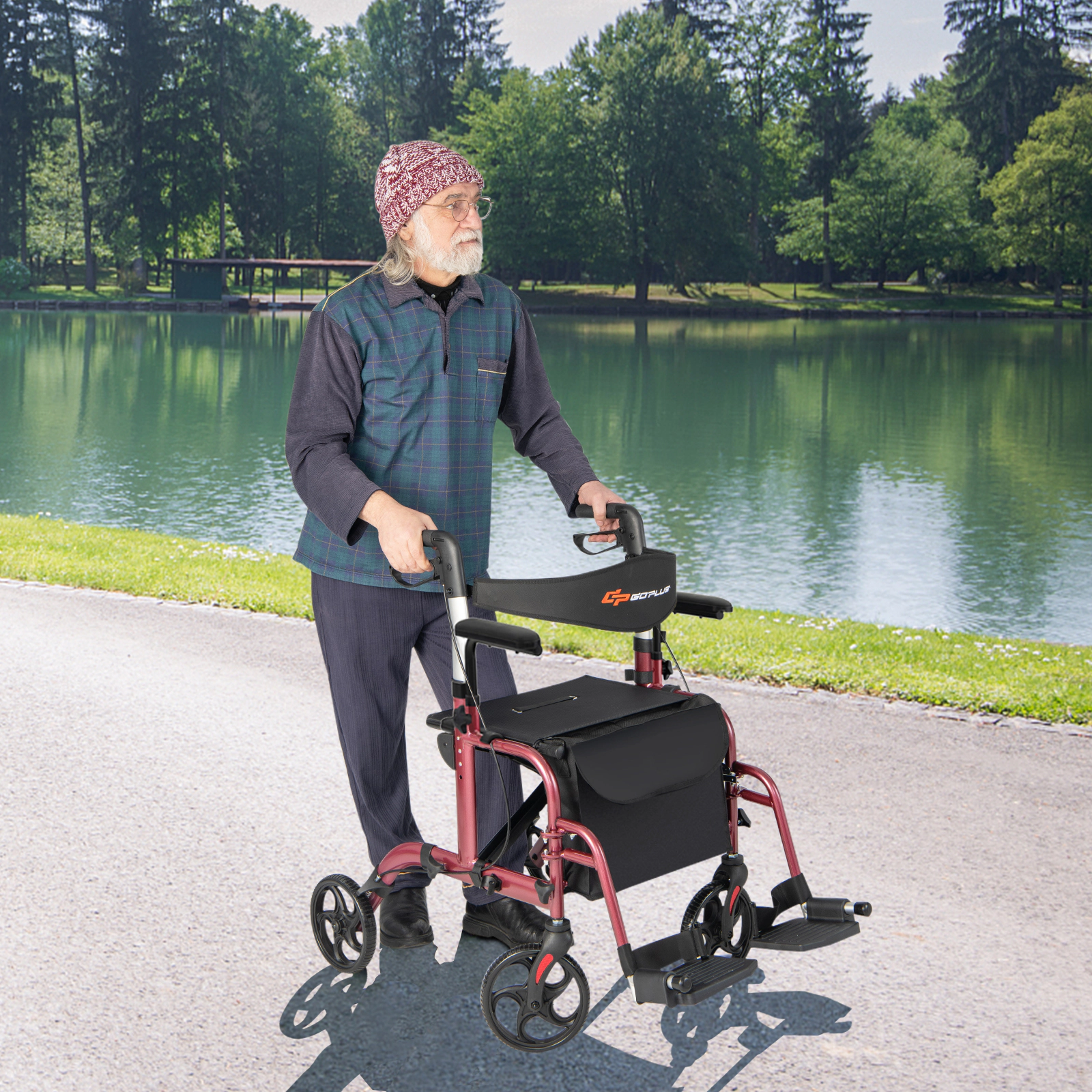 SUGIFT 300-lb Capacity 2-in-1 Folding Rollator Walker with Seat Dual Hand Brakes and Folding Footrests
