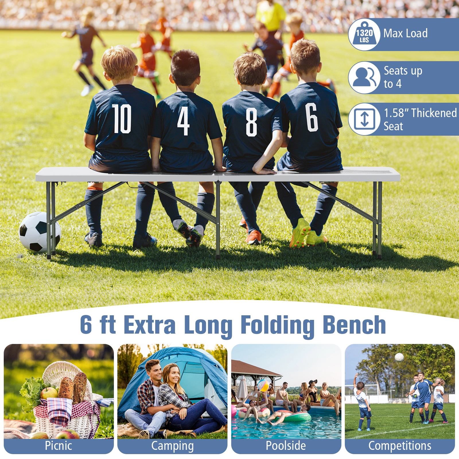 SUGIFT 6-Ft White and Gray Folding Bench, 660-Lb Capacity, Portable HDPE Seat
