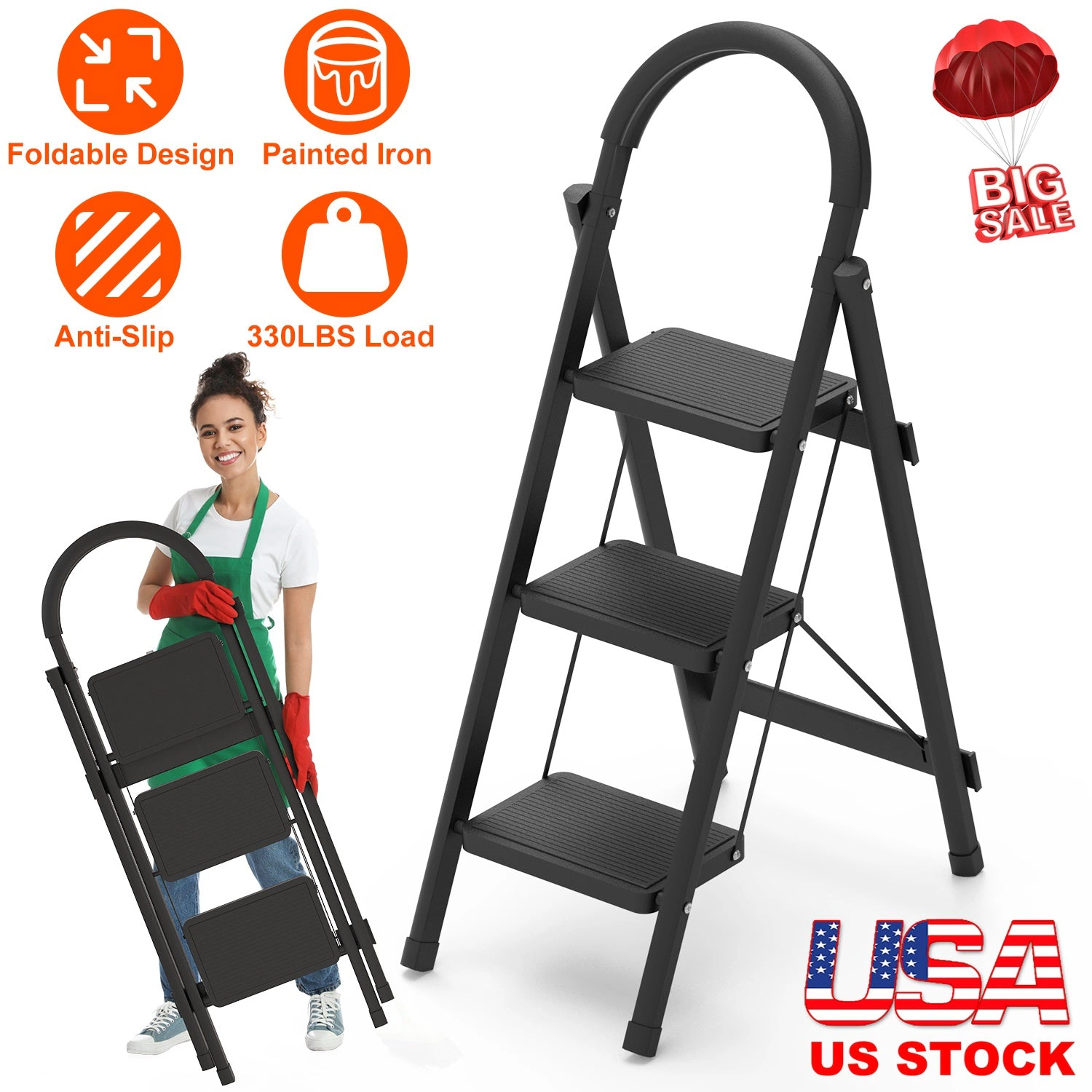 GBruno 3-Step Foldable Ladder With Anti-Slip Pedal