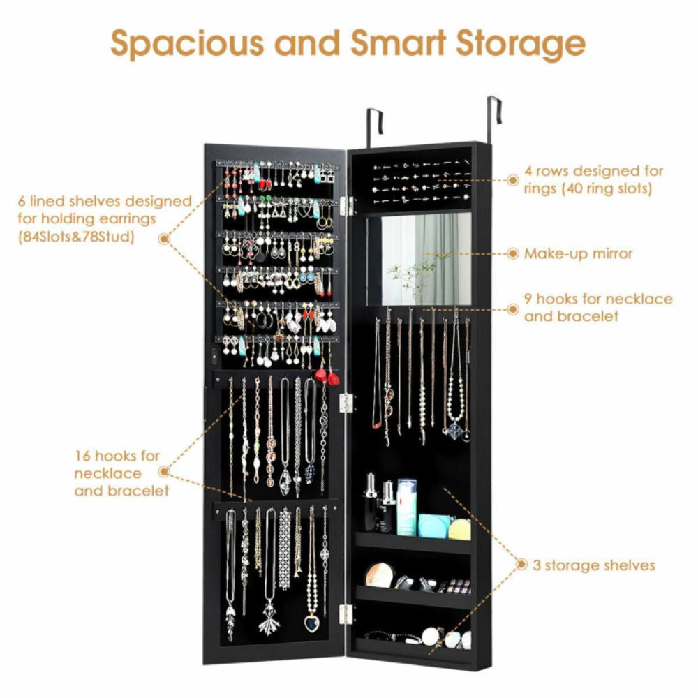 Hivvago Full Length Mirror Jewelry Cabinet with Ring Slots and Necklace Hooks