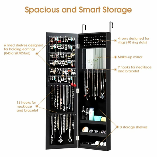 Hivvago Full Length Mirror Jewelry Cabinet With Ring Slots And Necklace Hooks