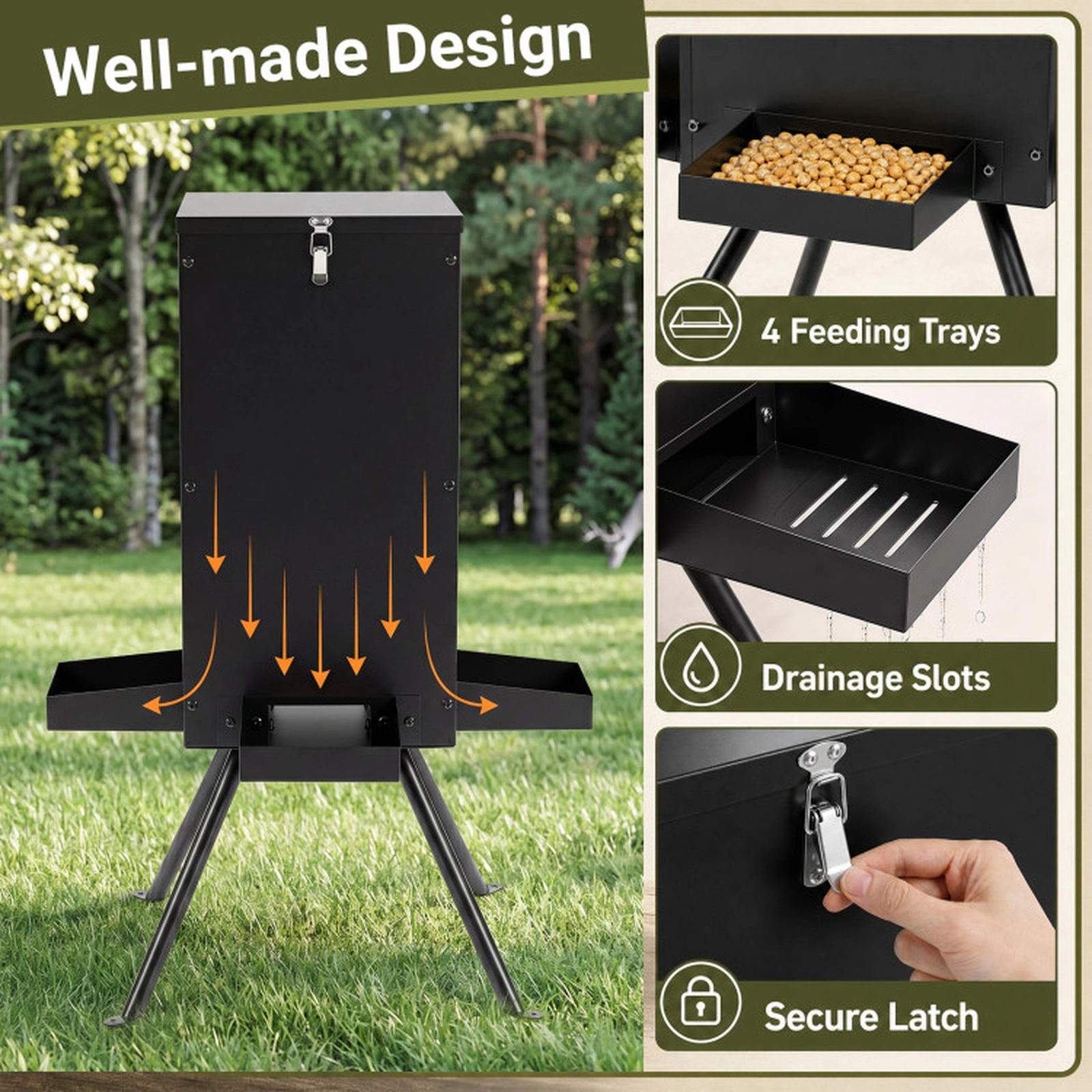 SUGIFT 90-lb Gravity Deer Feeder with 50-90 lb Hopper Capacity 4 Feeding Trays 4-Leg Stand 36-in Tall Black