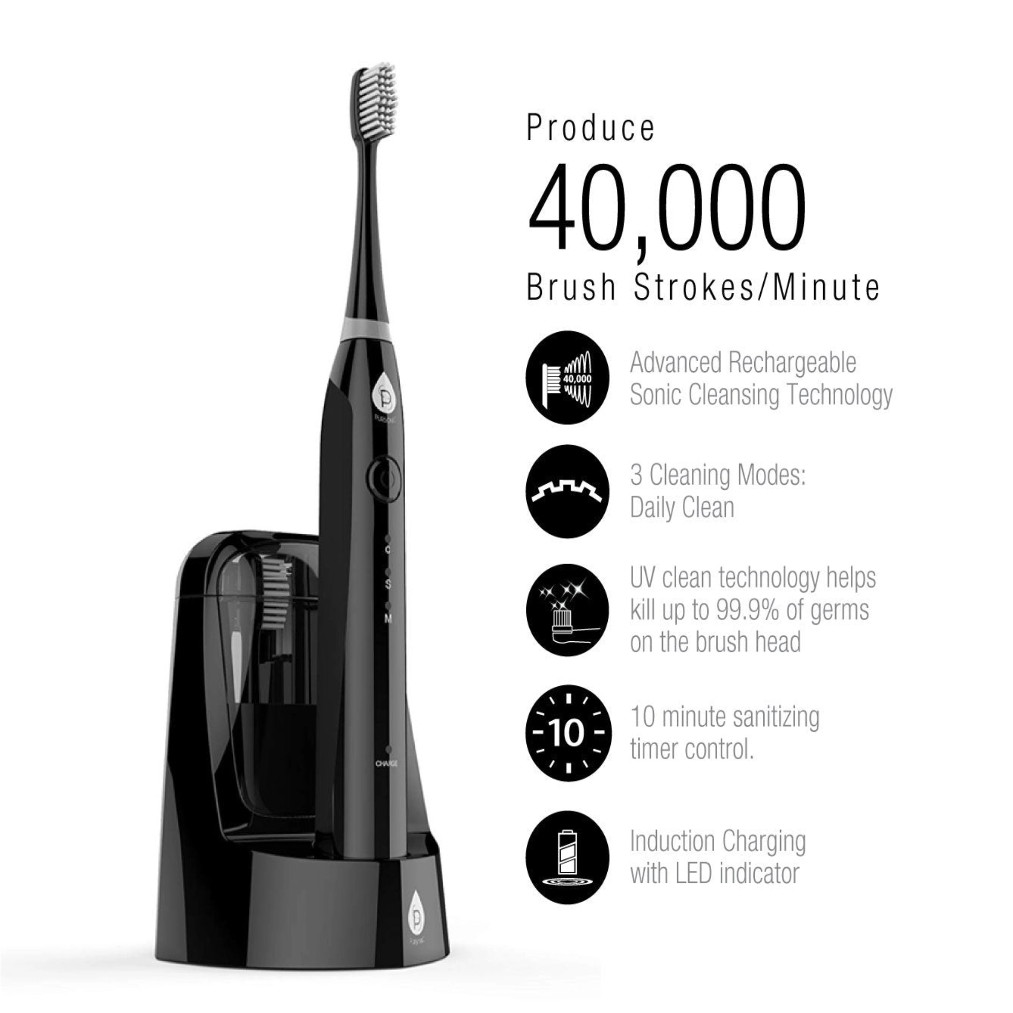Pursonic Unisex S750 Electric Smart Series Electronic Power Rechargeable Battery Toothbrush with UV Sanitizing Function, Includes 12 Brush Heads