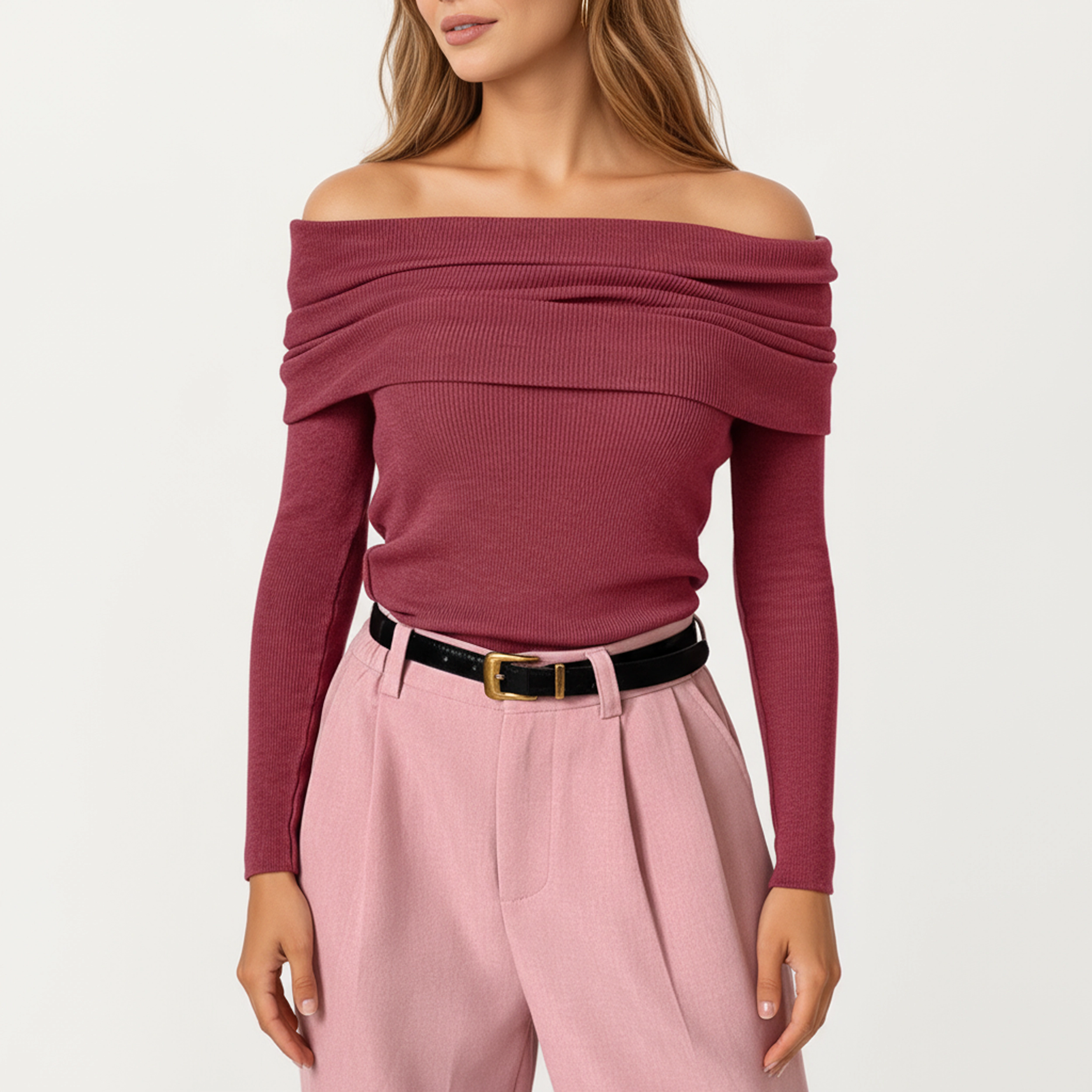 Anna-Kaci Women's Off-Shoulder Ribbed Knit Long Sleeve Top with Foldover Neckline
