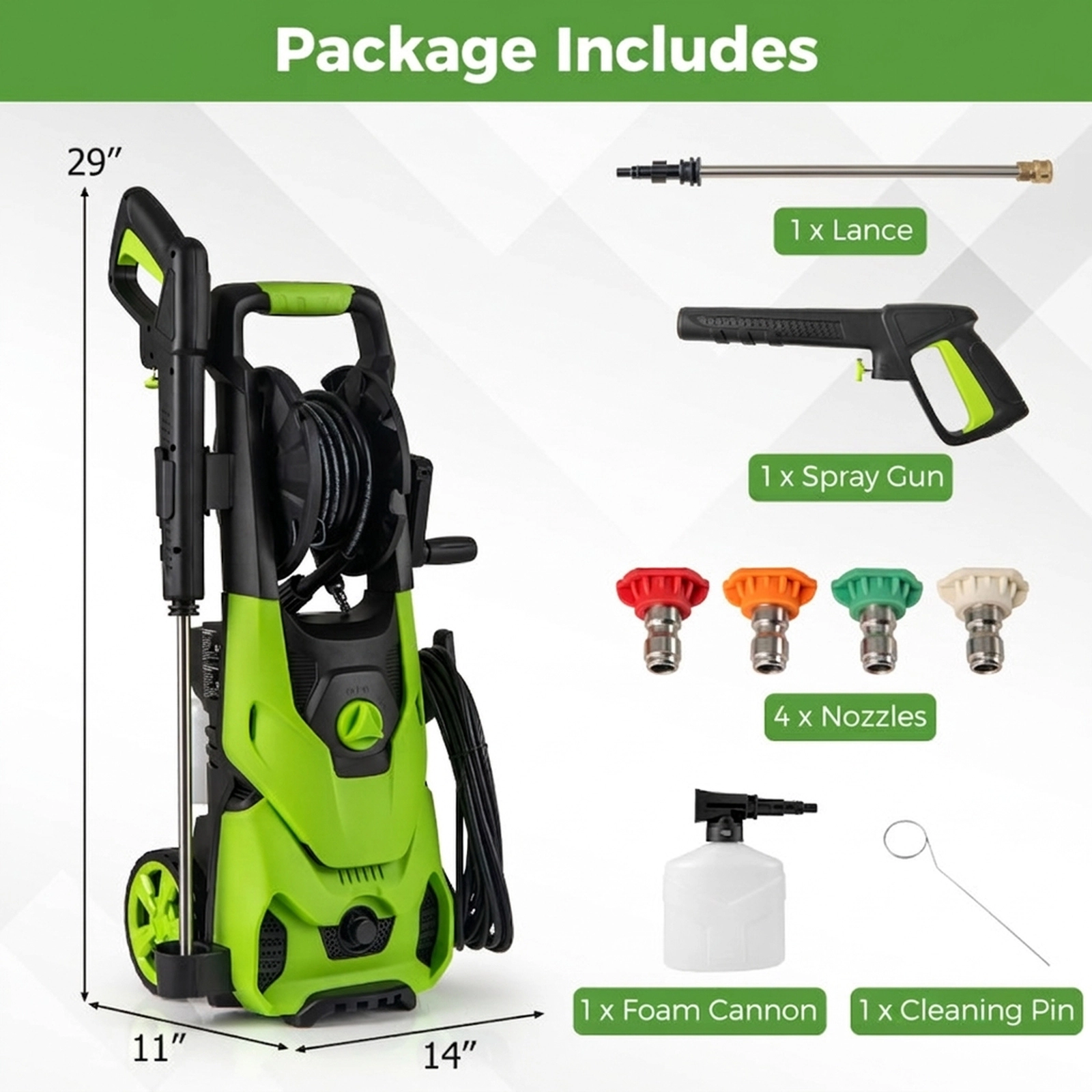 SUGIFT 2150-PSI Green Electric Pressure Washer with 4 Nozzles and Foam Cannon 1.2-GPM 14-in W 11-in D 29-in H