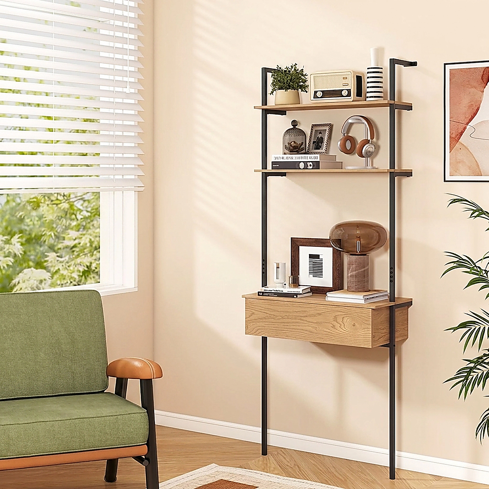 SUGIFT 73-in Tall 4-Tier 120-lb Capacity Natural Ladder Bookshelf with Drawer and Metal Frame Anti-Tipping Kits
