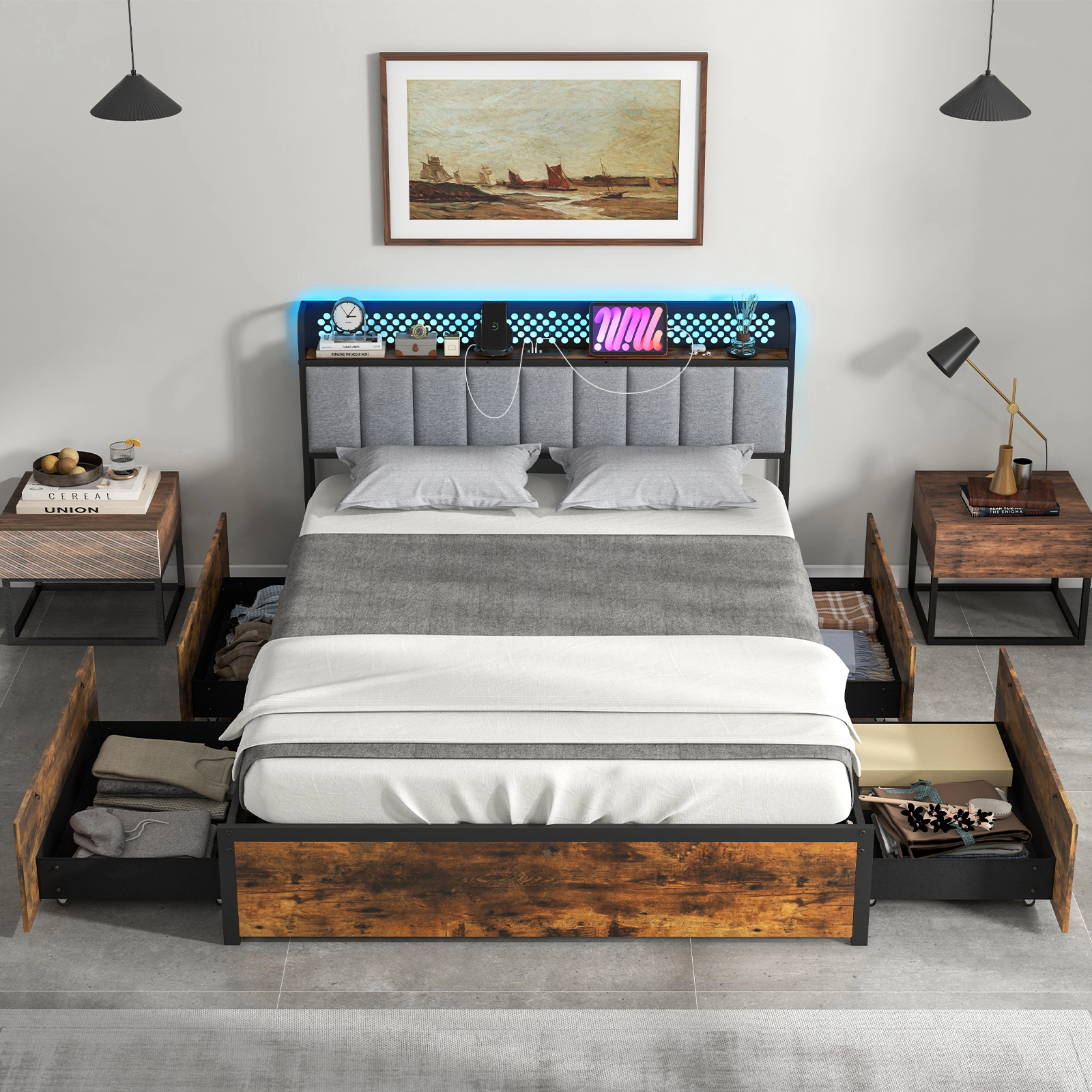 SUGIFT Full Size Storage Bed with 4 Drawers, LED Headboard, Rustic Brown