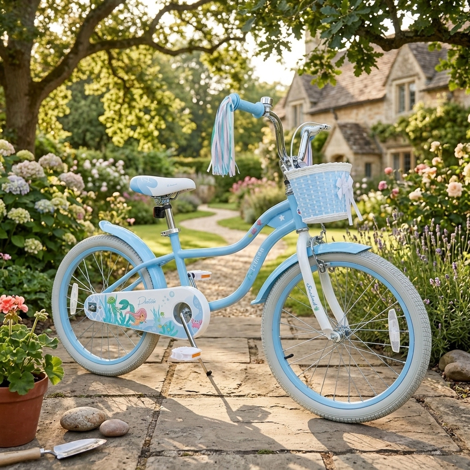 20-in Kids Bike for Ages 8+ with Kickstand Removable Basket Streamers and Hand Brake Mermaid Graphics Bicycle