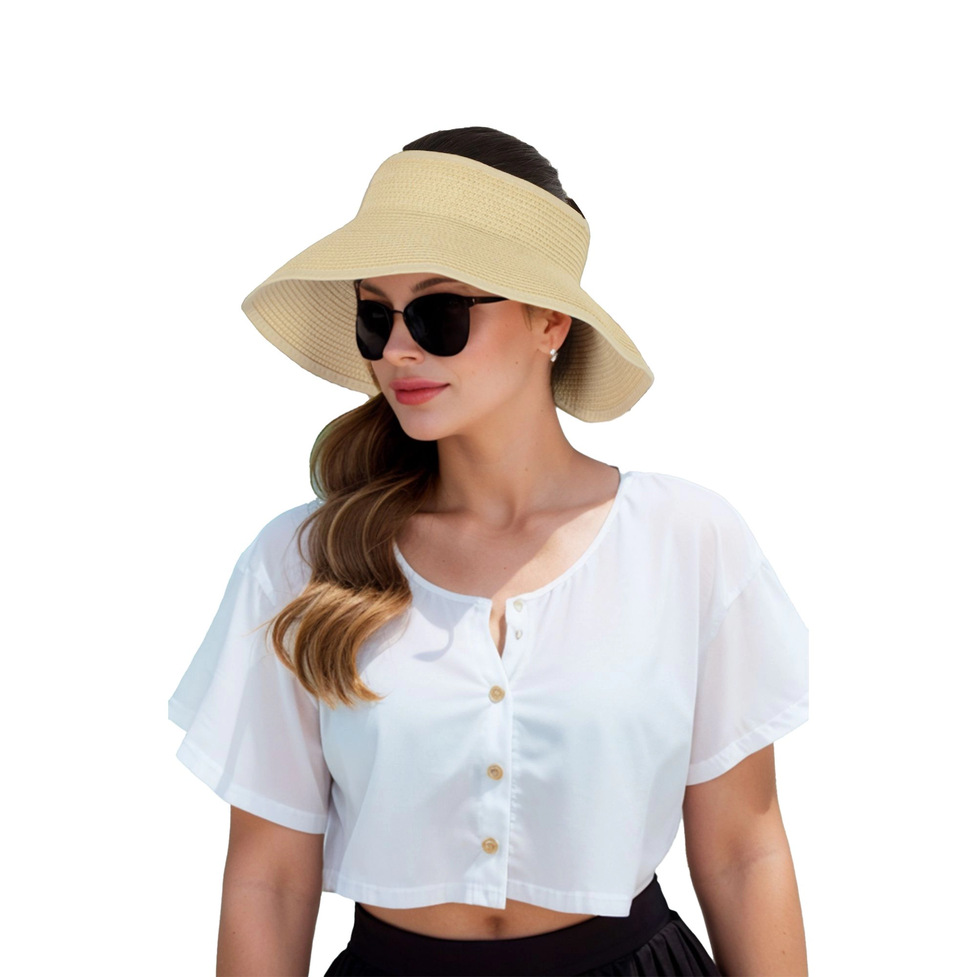 Anna-Kaci Women's Wide Brim Roll-Up Straw Sun Visor Lightweight Packable Open-Top Beach Hat for UV Protection