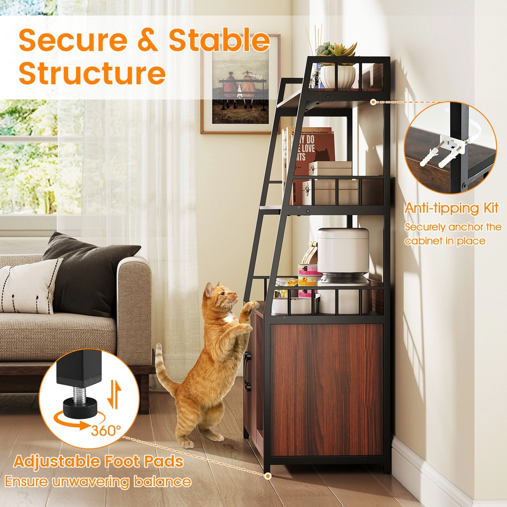 SUGIFT Cat Litter Box Enclosure with Storage Shelves and Scratching Pad 88-lb Cabinet Capacity Rustic Brown + Black