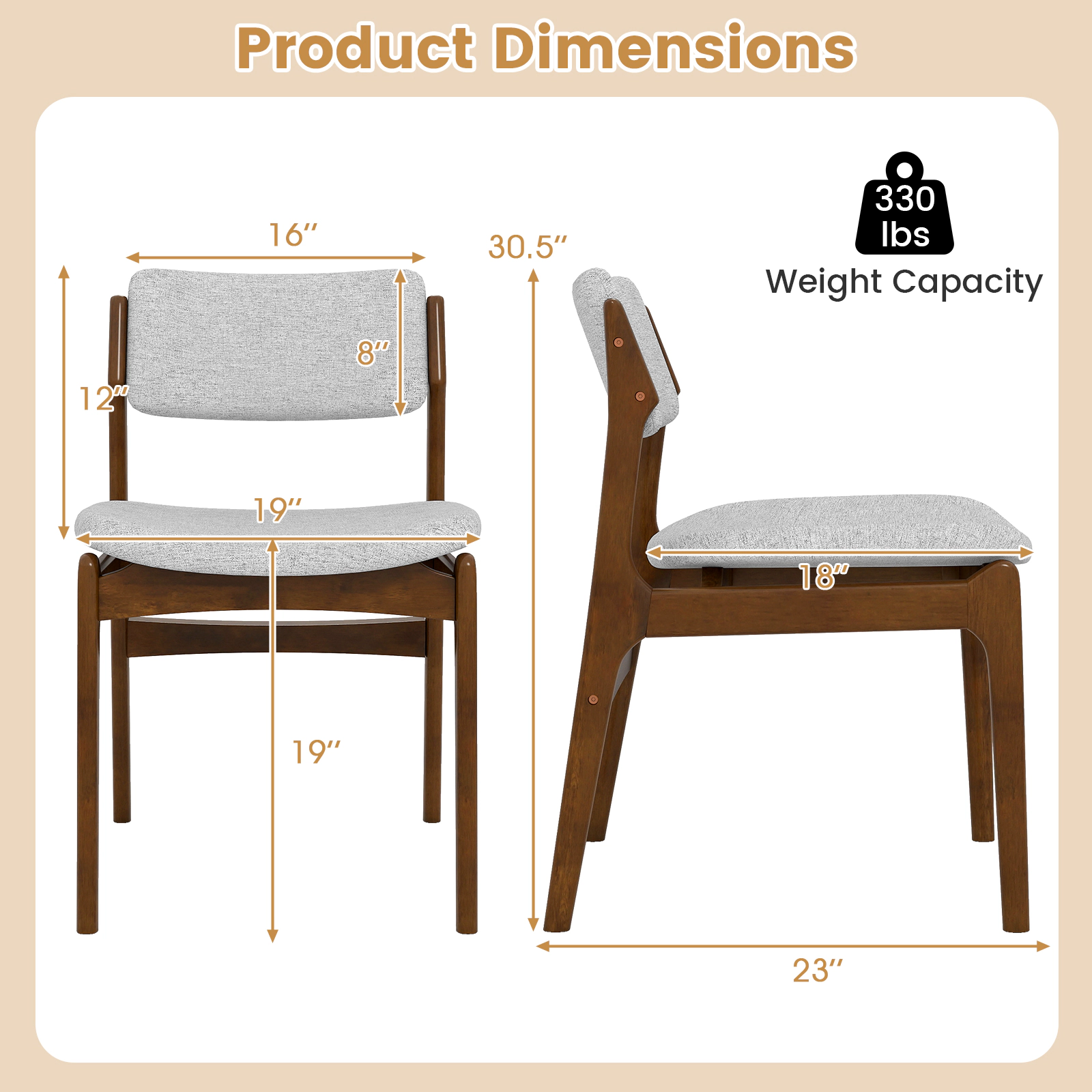 SUGIFT Modern Padded Dining Chairs with Rubber Wood Legs 330-lb Capacity Set of 2 Gray Brown