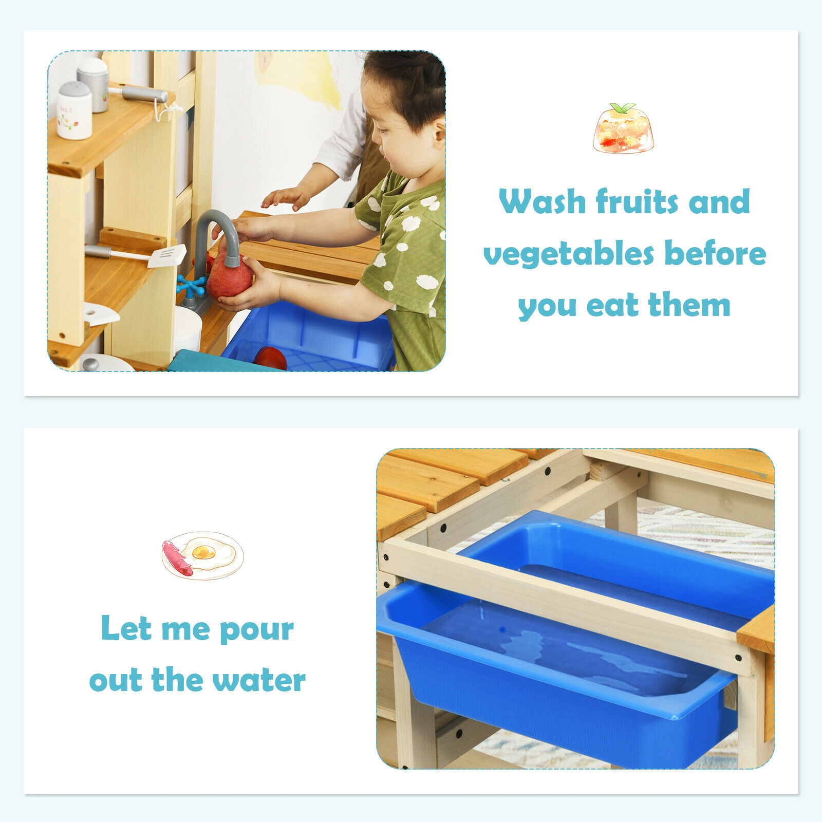 SUGIFT Outdoor Fir Wood Pretend Cook Kitchen Playset with Sink and Faucet 39.5-in Tall Ages 3+ As shown in the figure