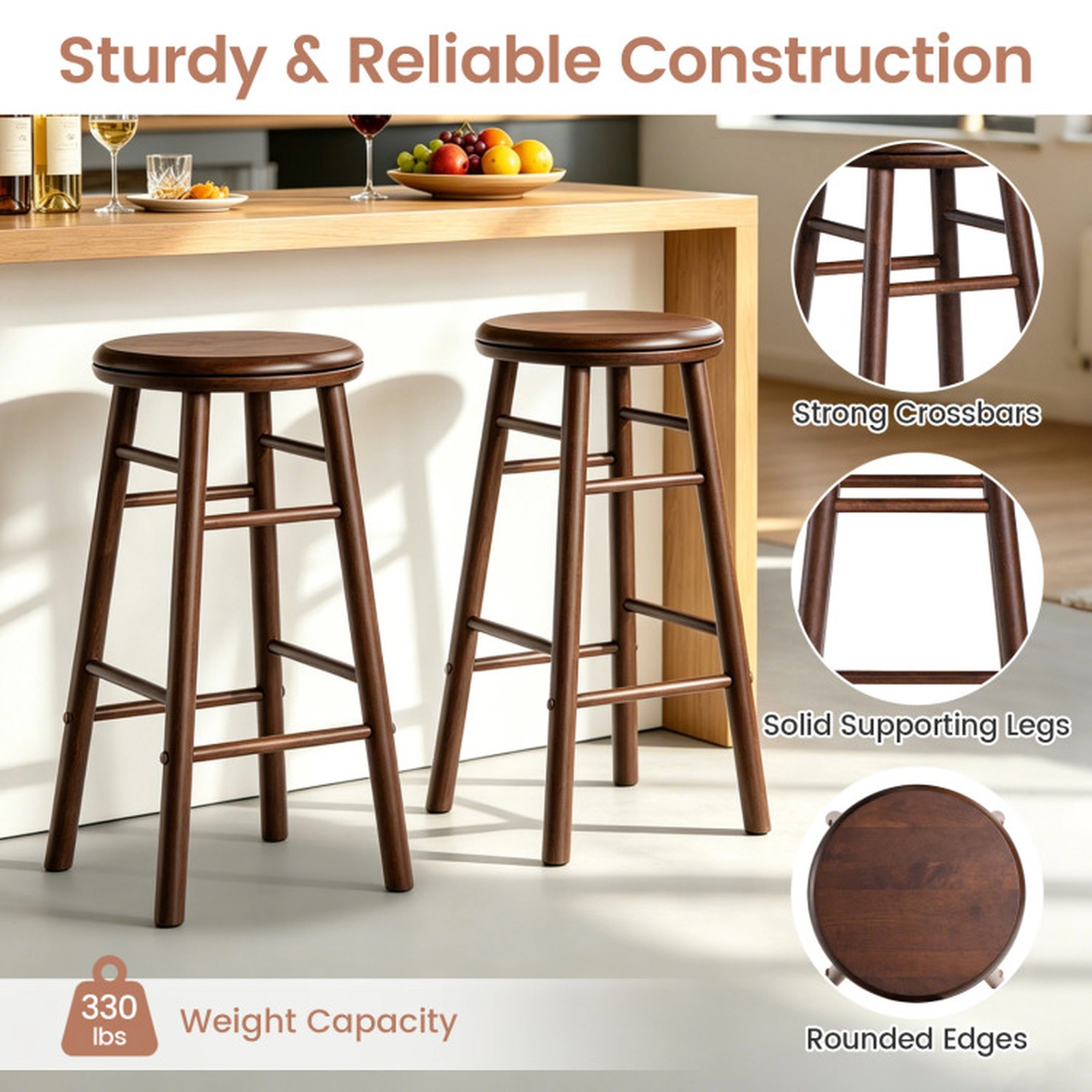 SUGIFT 24-in Rubber Wood Swivel Bar Stools Set of 2 with Footrests and Crossbars 330-lb Capacity Natural Gray Walnut