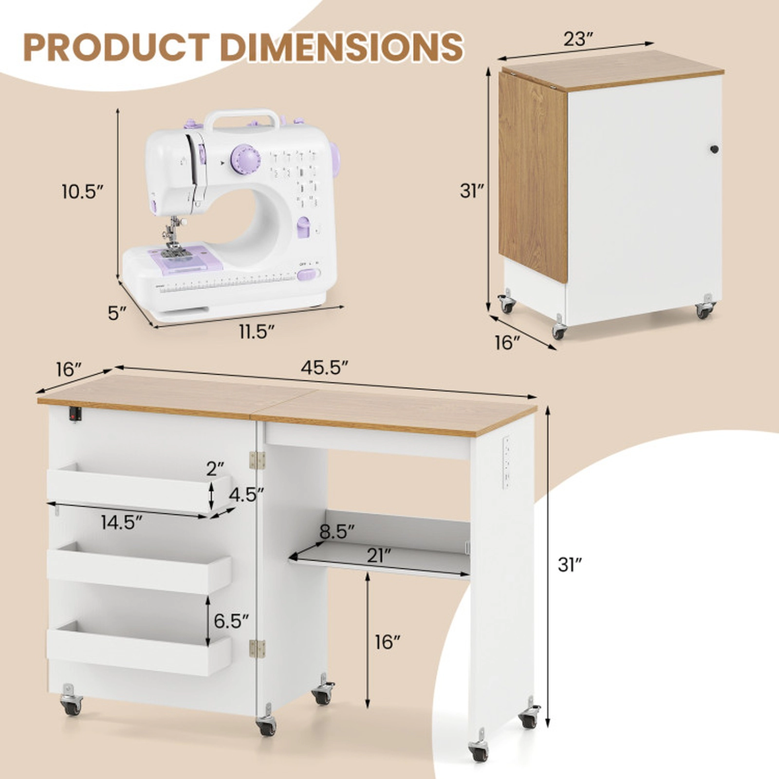 SUGIFT Folding Power Strip 5 Casters Sewing Table Desk 45.5-in x 16-in x 31-in 45-lb Capacity Natural White