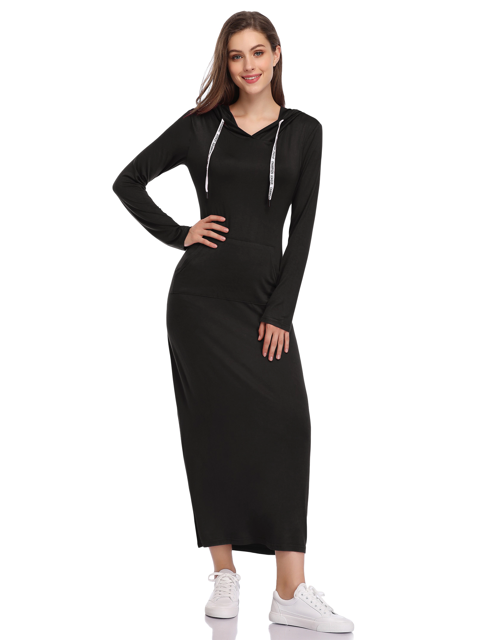 KOJOOIN Women's Casual Long Sleeve Pullover Maxi Hoodie Dress Slim Sweatshirt Dresses with Pockets