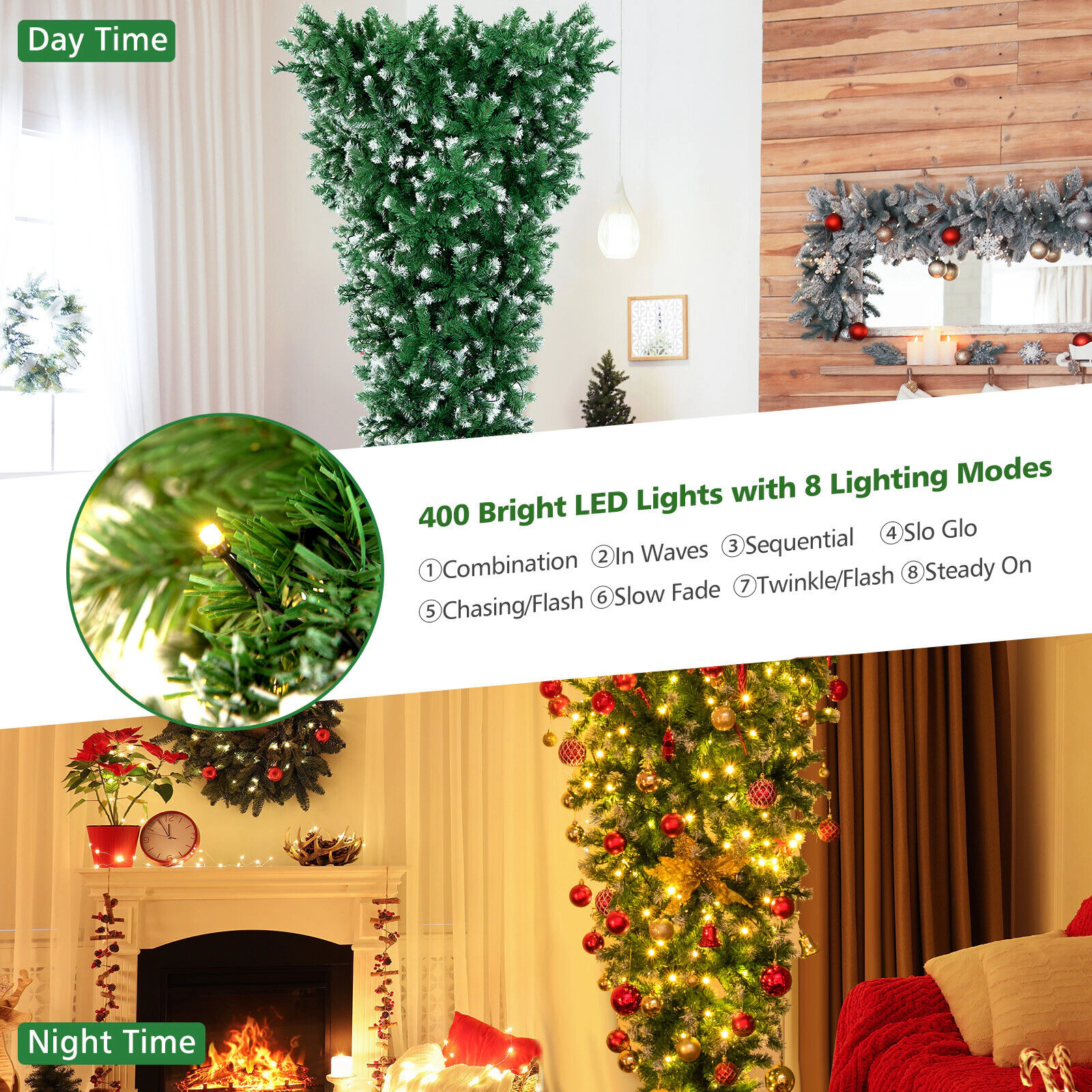 SUGIFT 7.5-ft Pre-Lit Snowy Upside Down Christmas Tree 1100 Tips with 400 LED Lights 3-Section PVC Metal Green