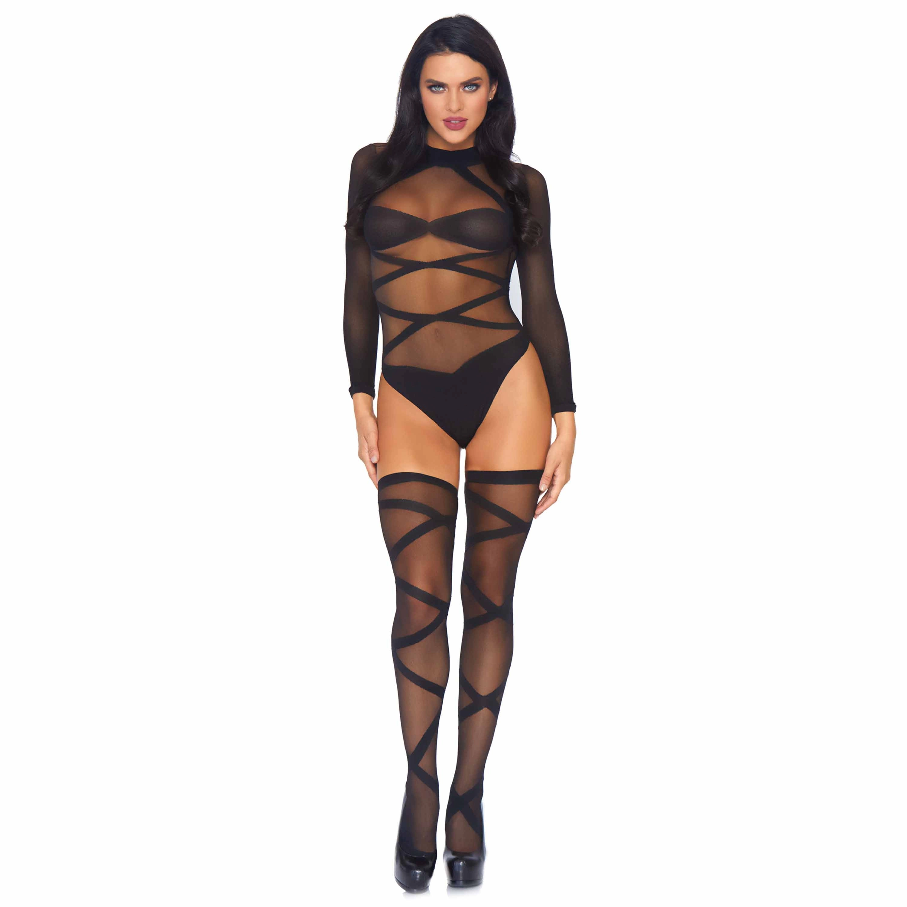 Leg Avenue Women's 2-Piece Sheer Crisscross Teddy and Thigh-High Set