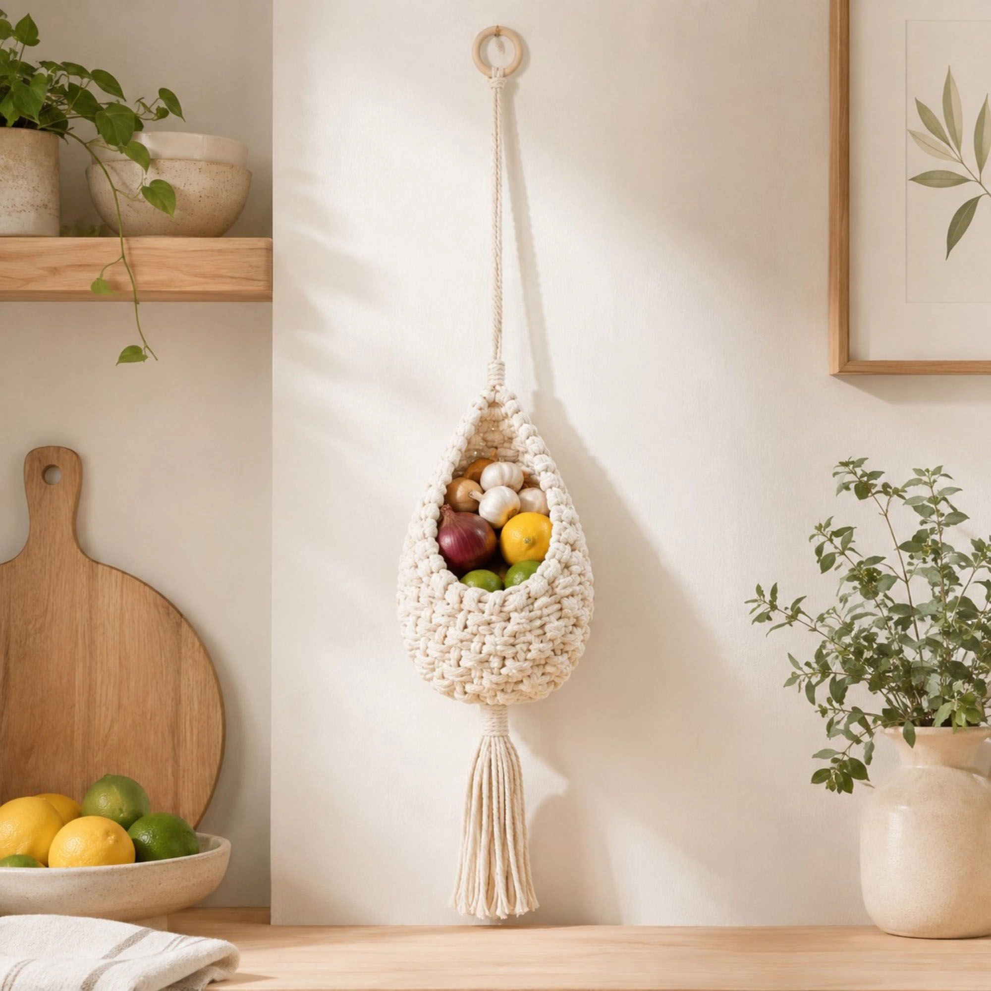 Alilang Unisex Macrame Hanging Basket with Wood Ring Tassel for Plant and Home Storage
