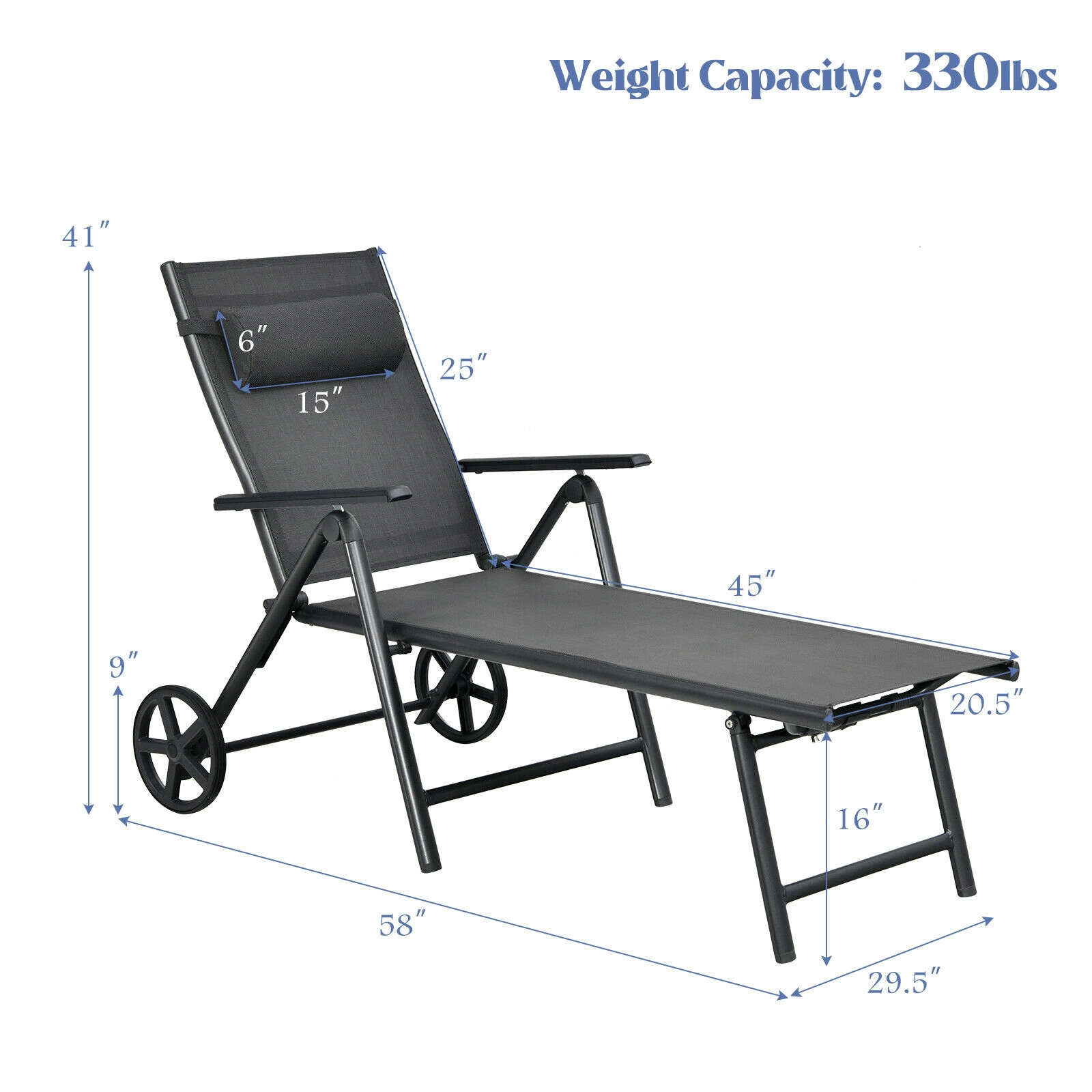 SUGIFT 7-Position Aluminum Patio Lounge Chair with Wheels and Neck Pillow 330-Lb Capacity Gray